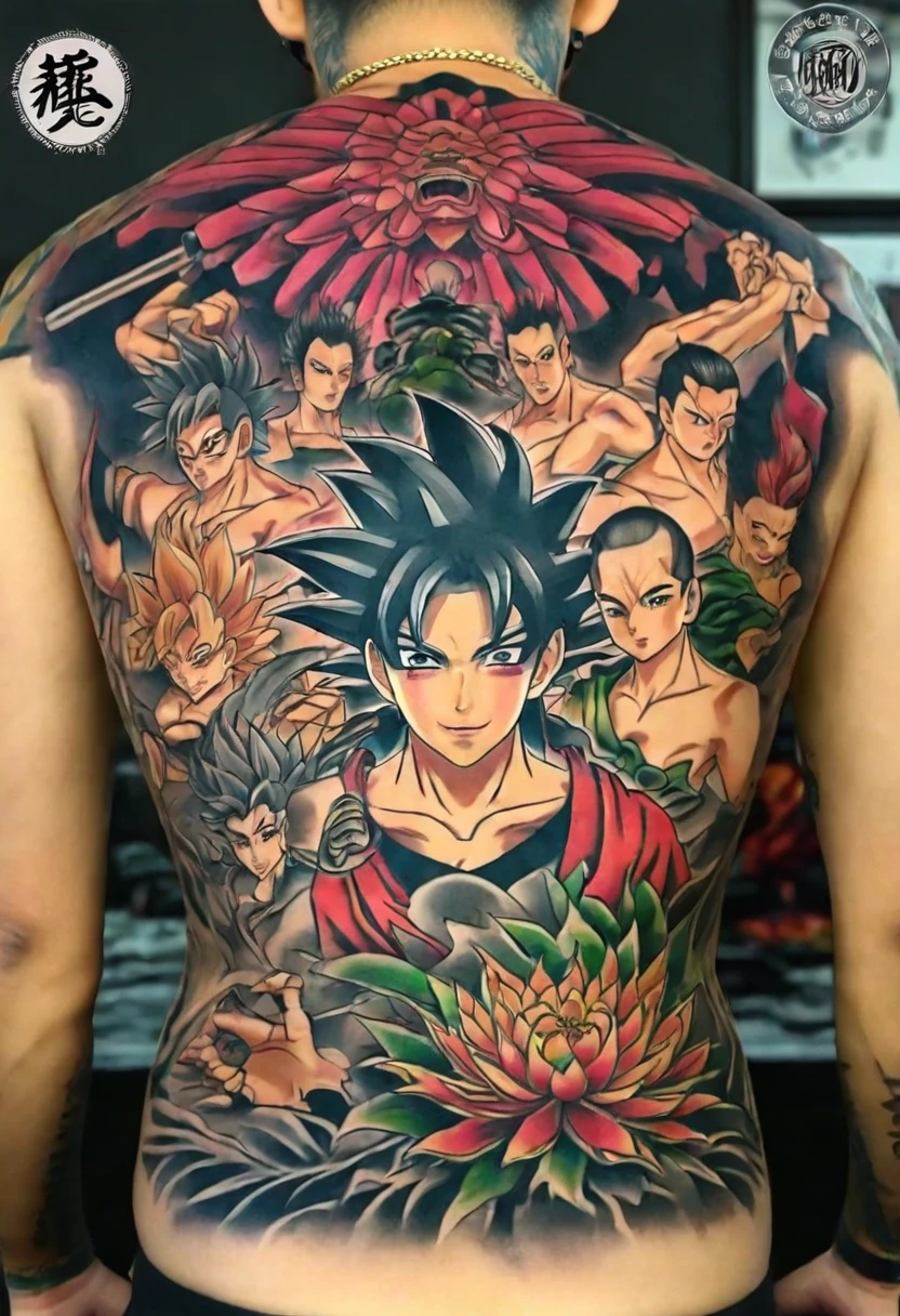 Back Tattoo, Yakuza tattoo, intricate details, HDR, beautifully shot, hyperrealistic, sharp focus, megapixels, perfect composition, high contrast, cinematic, atmospheric, moody 8k resolution concept art intricately detailed deep color shin hanga, Japanese tattoo photorealistic