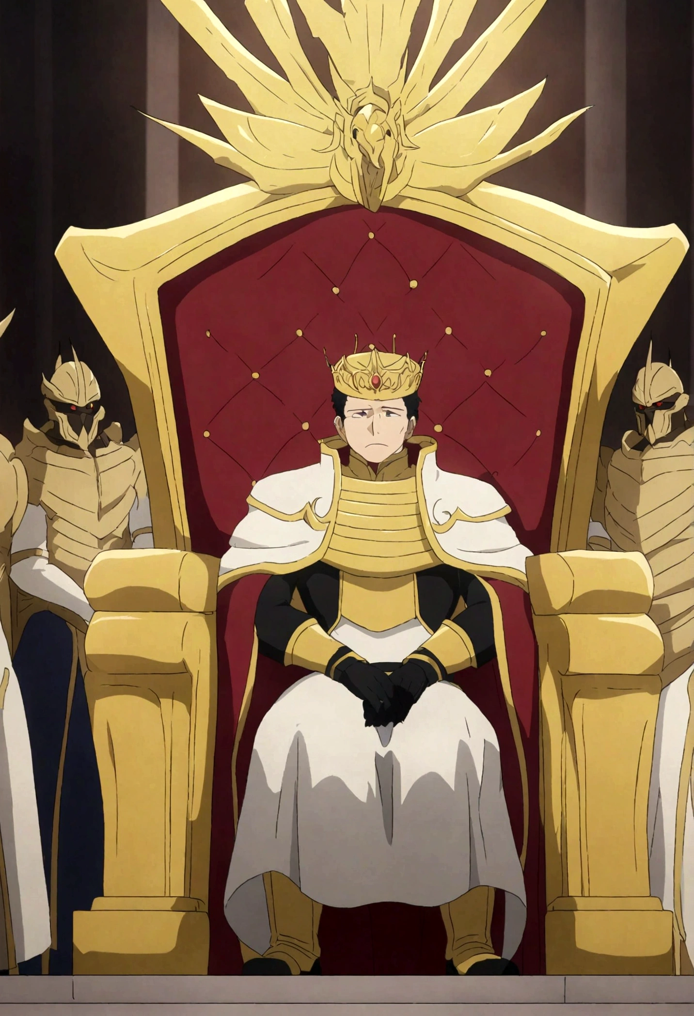 Bee king who sits on the throne, anime style, 4k, looking down into other competitors and praised by others