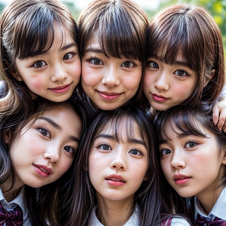 Best_Quality, HDR, masterpiece, Hi-Res, (realistic and photorealistic with touch of rawness:1.37), (group photo:1.6), ((3SchoolGirls Surrounding the camera in Upward composition)), Panoramic, (NOGIZAKA face variations:1.4), { Looking down at the camera | (Kissing face to face) }, (((close:1.2, Face closeup from below:1.4))), (((Sky background)) with CherryBlossoms) . BREAK  Extremely Detailed KAWAII face variations, captivating gaze, elaborate detailed Eyes with (sparkling highlights:1.32), long eyelashes、Glossy RED Lips with beautiful details, Coquettish tongue, Rosy cheeks, Glistening ivory skin . { (Dynamic joyful expressions) | (:D) | (Kissing) }, Childish, SchoolUniform, { Bangs | Hime cut  | OKAPPA } 