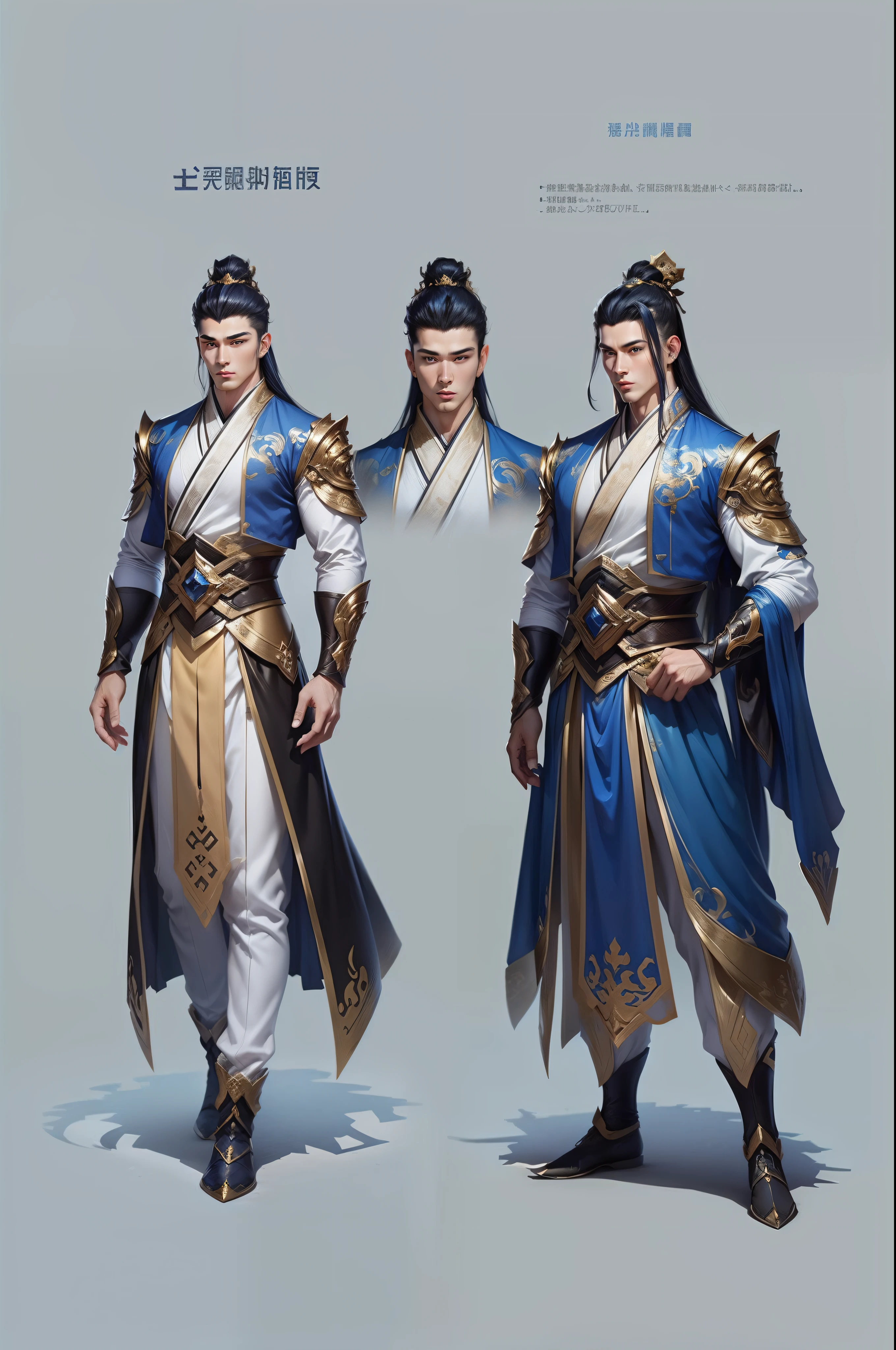 male donghua fantasy, god of ice and is the first to appear tall as a god, short hair, character design sheet, different poses, different angles, 1boy, single, asian boy, handsome, reference sheet, perfect face, hansome face, 1.85 tall, shaved, gods chinese donghua outfit, muscle body, athletic body. (Blue perfect eyes), (long hair), (long bangs), (blue hair), (tanned skin), background simple