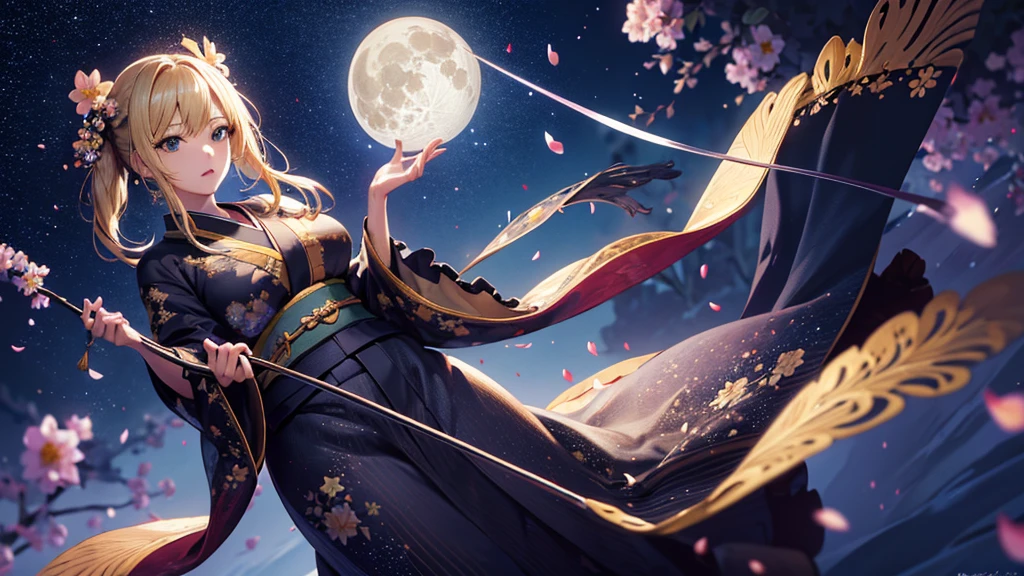 masterpiece, high quality, 4K, Beautiful design, silhouette,blonde, 非常に詳細な夜のStarry Sky,Flower Field, wonderful, Finer details, Very knowledgeable woman, Highly detailed solo, 1 female,Big Breasts,kimono,Night view,Starry Sky,full moon,
