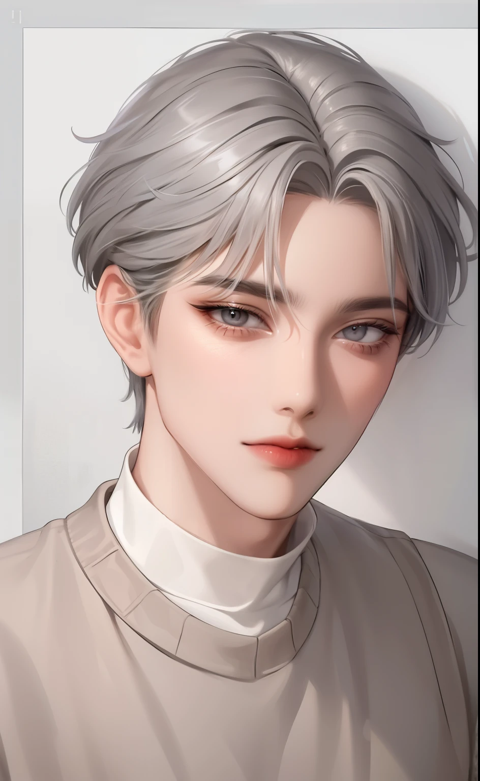 Boy, gray hair, dark gray eyes, sharp features, white skin, brown sweater