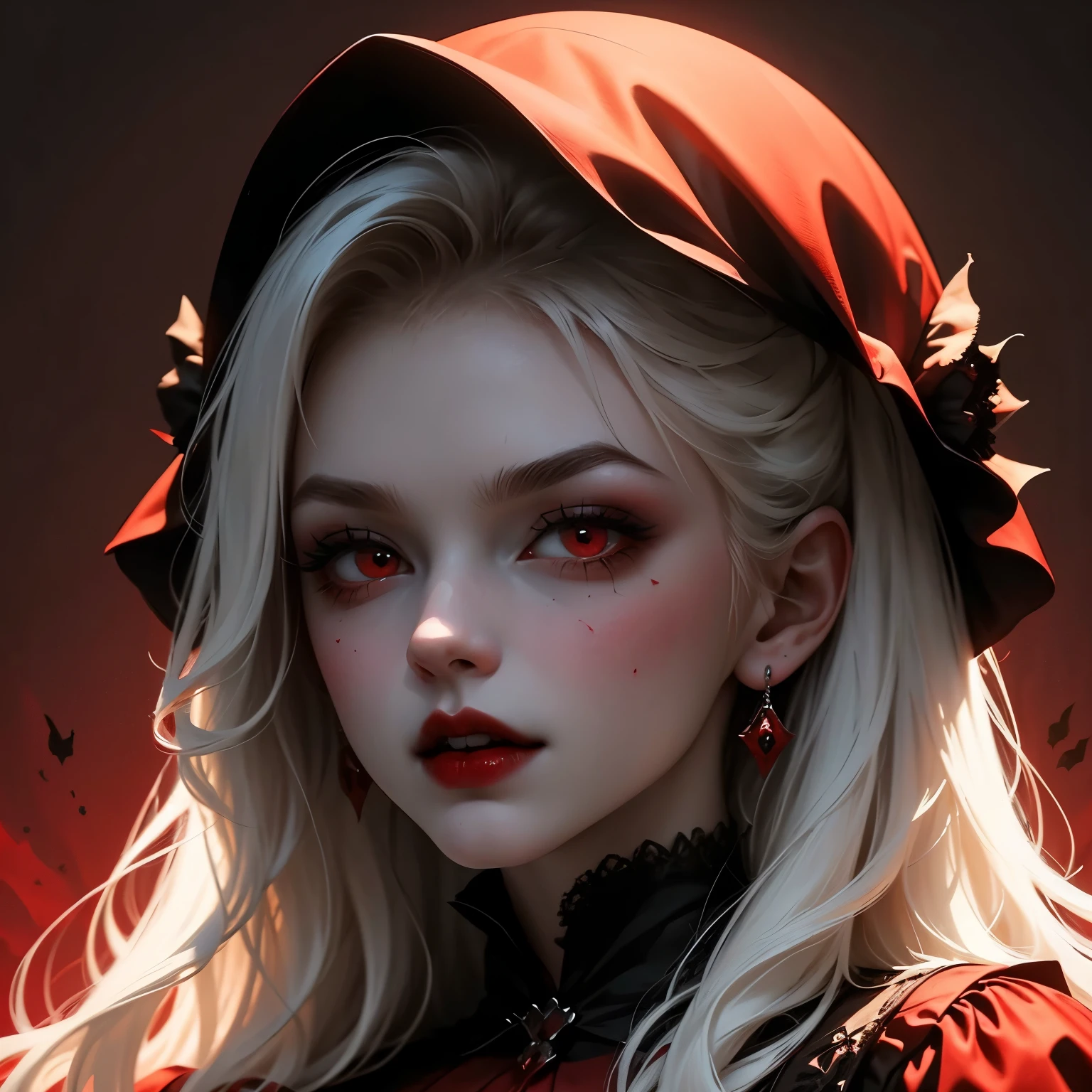 Draw a gothic vampire blood splash on her face ,red plain background , vampire ghotic . only red background red everything