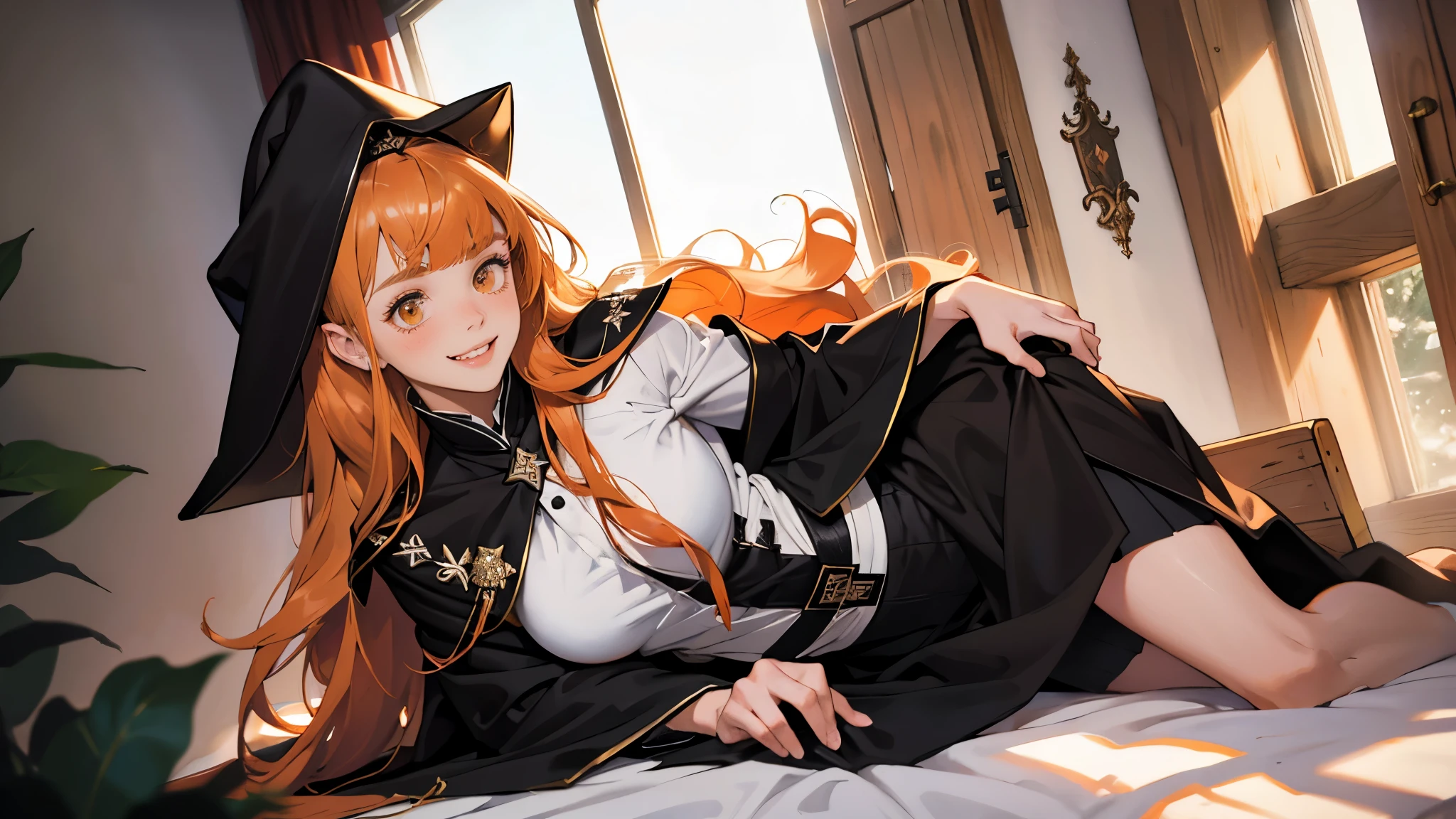 (girl), masterpiece, ultra detailed, 8K Portrait, Raw photo, woman's portrait photography, full body, Highly detailed face, mischievous childish smile, blush, ((Fantasy)), ((young)), 17 years old, 160cm, (((student))), ((tanned skin)), (((dark orange colored long straight hair))), (((blunt bangs))), hair ornament, (((black silk long cloak))) Fluttering in the wind, (high school dark white uniform:1.5), Plaid short skirt, Midday sun, Hyper realistic, Slender body, by the snowy castle, Ambient lighting, Shadow details, Camera focus on face, strong breeze, Light fog
