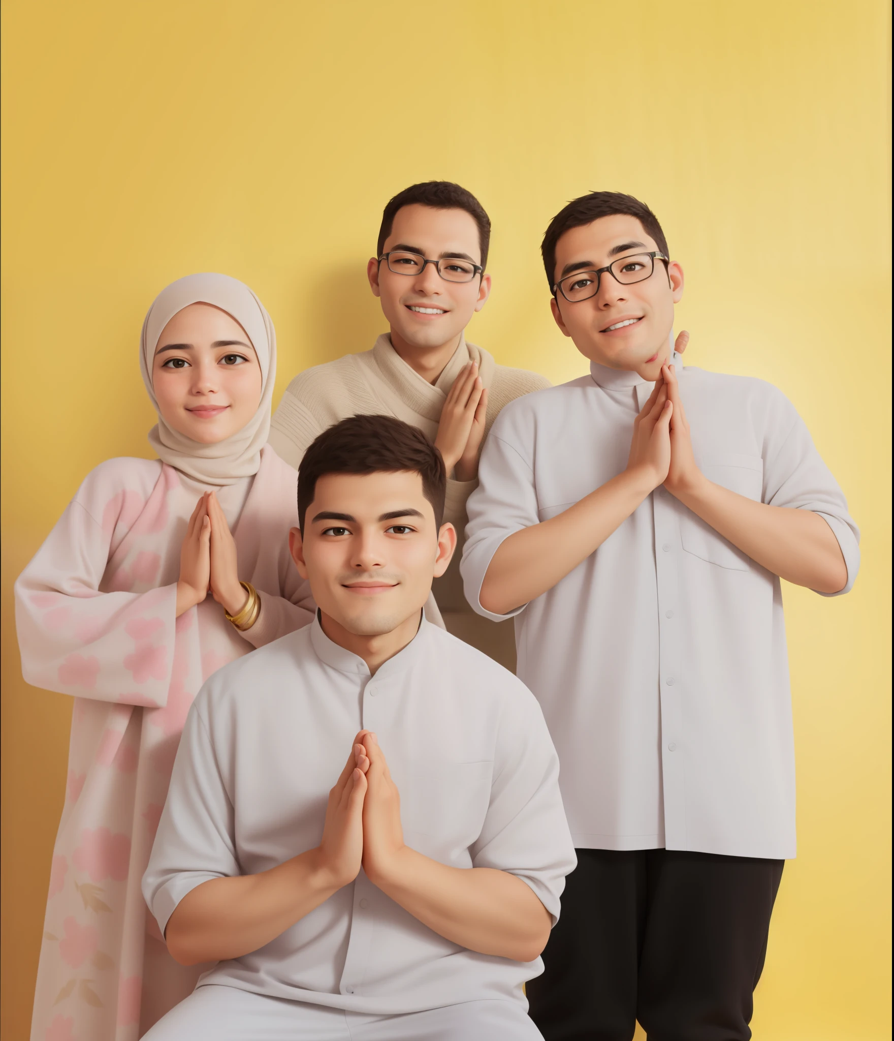 Realistic, best quality, instagram, 3 man, woman with hijab, view to the camera, All hands in namaste position, all palms pressed together