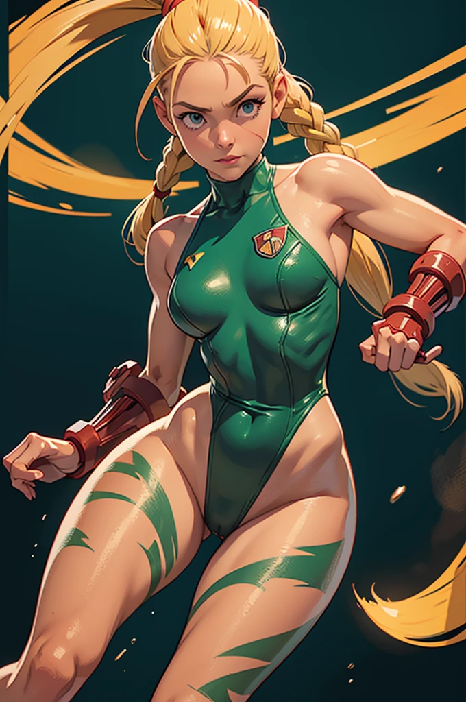Obra maestra, 4k, altoly detailed, Cammy de Street fighter, Looking to the camera, ojos azules, platinum blonde hair combed into long pigtails with a small blade of bangs over her forehead, Titis ancha, Cammy, ((una cicatriz en su mejilla izquierda)), Hermosa mujer vestida de militar ((Green thong class leotard and the Delta Red triangle insignia on her left chest)), ((military tactical stolera)), (((En su cabeza lleva una boina militar roja))), Botas de combate negras y guanteletes rojos, (his legs are sparsely decorated with green camouflage paint), Imagen clara de medio cuerpo, sonriendo al espectador, Cantidad extrema de detalles, (Make every pixel count to draw the most beautifully detailed art you can:1.1), analog style, colores brillantes, symmetrical, centrado, de cerca, femenino, athletic, adaptar, cintura estrecha, alto, piel bronceada, [(colorful explosion psychedelic paint colors:1.1)::0.125], realista body proportions, realista, photo-realista, 8k, altoly detailed, Luz LED, luces laser,con sabor a frutas, (thepit bimbo:0.5), Lustroso,anatomically correct, symmetricalal anatomy