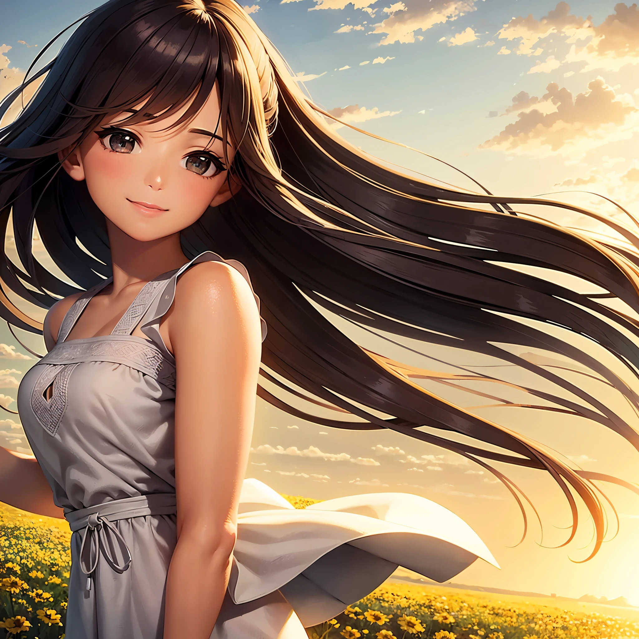 A serene outdoor scene with a gentle breeze carrying the image of a smiling girl, her expression radiating warmth and kindness. The background is a lush, green meadow with wildflowers swaying in the wind. The setting sun casts a golden glow, adding a sense of calm and tranquility.