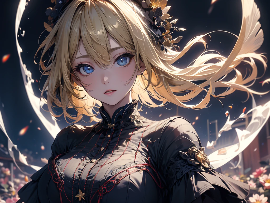 masterpiece, high quality, 4K, Beautiful design, silhouette，blonde， 非常に詳細な夜のStarry Sky,Flower Field， wonderful, Finer details,  Very knowledgeable woman, Highly detailed solo, 1 female,Big Breasts，Gothic Lolita Fashion，Night view，Starry Sky，full moon，