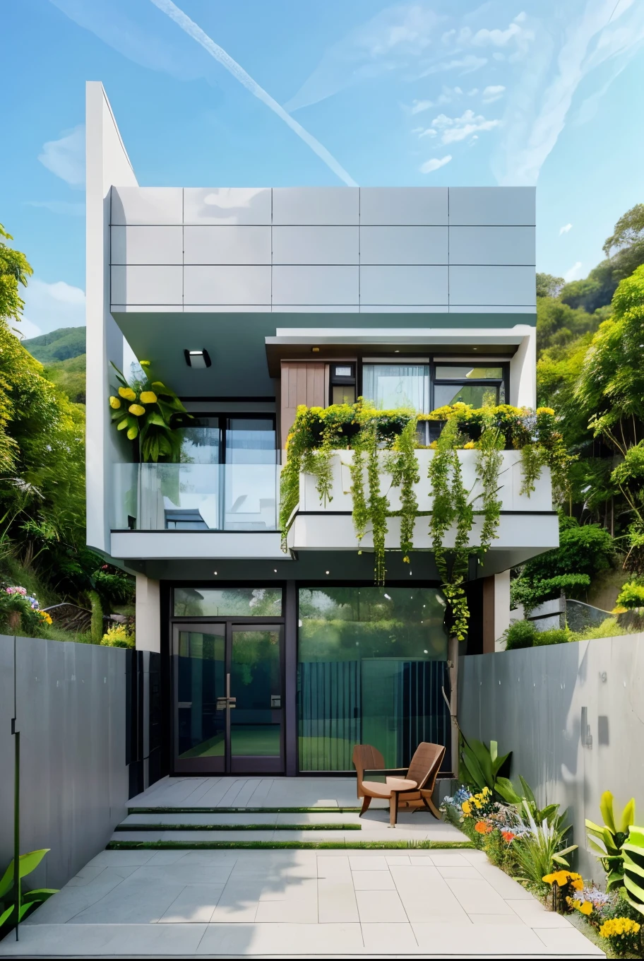 a small and beautiful modern house on a slope of a green hill, the hill has millions of tiny colorful wild flowers, blue sky as background, high details, masterpiece, highres, best quality, photo realistic, hyper detailed photo, ArchModern