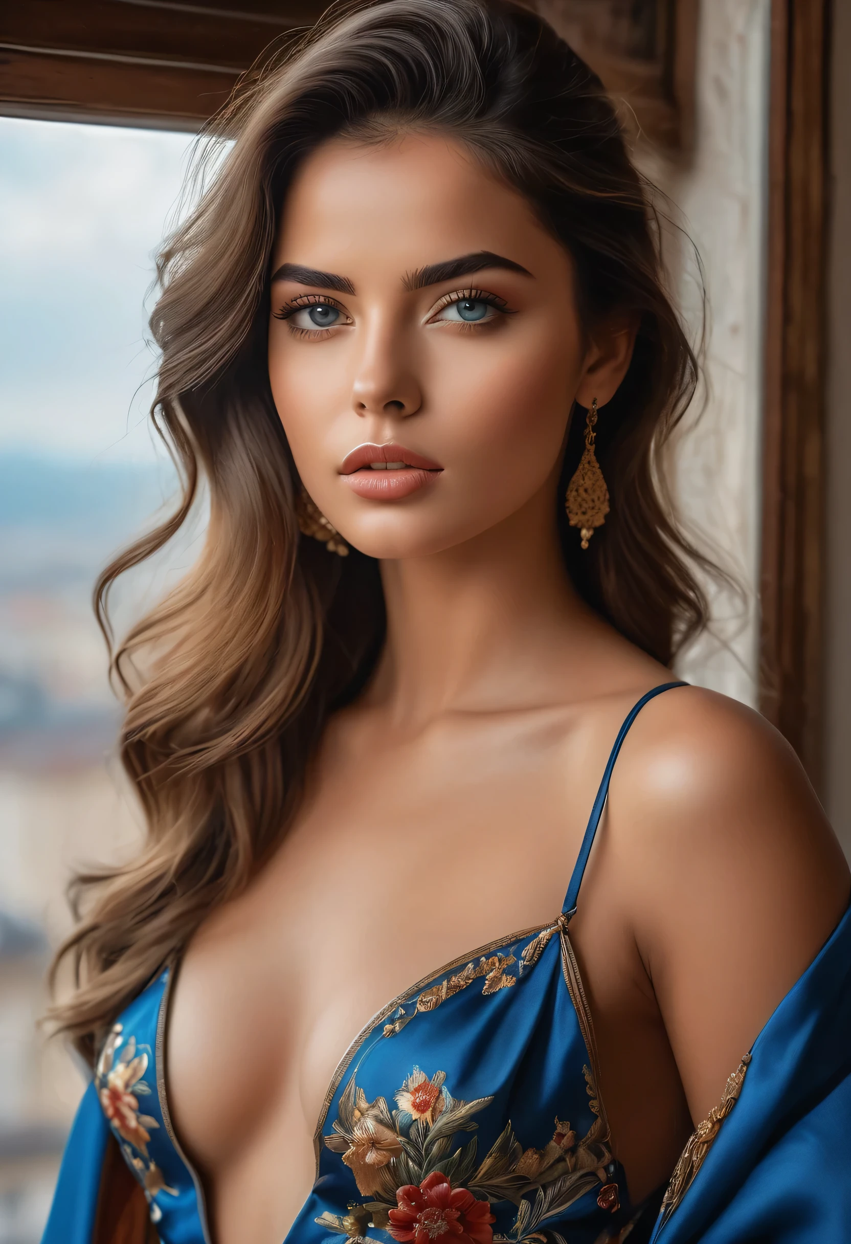 (Melhor qualidade, 4K, 8k, high resolution, obra de arte: 1.2), (super detalhado, realista, Fotorrealista:1.37)Uma jovem cativante, vestindo um conjunto impressionante de vermelho e azul, stands in front of a window with an air of toughness and determination. Her enchanting eyes are exquisitely detailed, capturando cada brilho e profundidade, while her lips boast a meticulous beauty that is both captivating and seductive. The level of detail extends to the entire face, every contour and feature meticulously rendered to perfection, creating a sense of hyperrealism that draws the viewer in.
O traje da , reminiscent of the art of oil painting, it's a work of art in itself. The factory, habilmente trabalhado para se assemelhar a pinceladas vibrantes, adds a touch of dynamism to your overall look. It is a true reflection of the artist's talent, mostrando uma maestria
