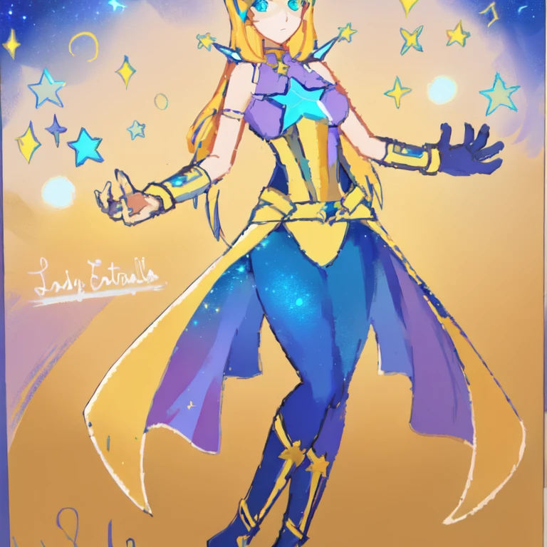 un dibujo de una mujer disfrazada con una capa y una estrella, inspirado en Li Chevalier, Inspired by Star Guardian, celda sombreada!!!, celda sombreada!!!, la galaxia marinera. Hermoso, fanart exquisito muy detallado, Hermoso celestial mage, bruja del cielo, like a retro futuristic heroine, inspirado en marinero luna, portrait of an anime heroine, ethereal astral, estrellas amarillas, chica rubia hermosa con ojos azules, traje amarillo, Red belt, anime con lineas limpias y delgadas
