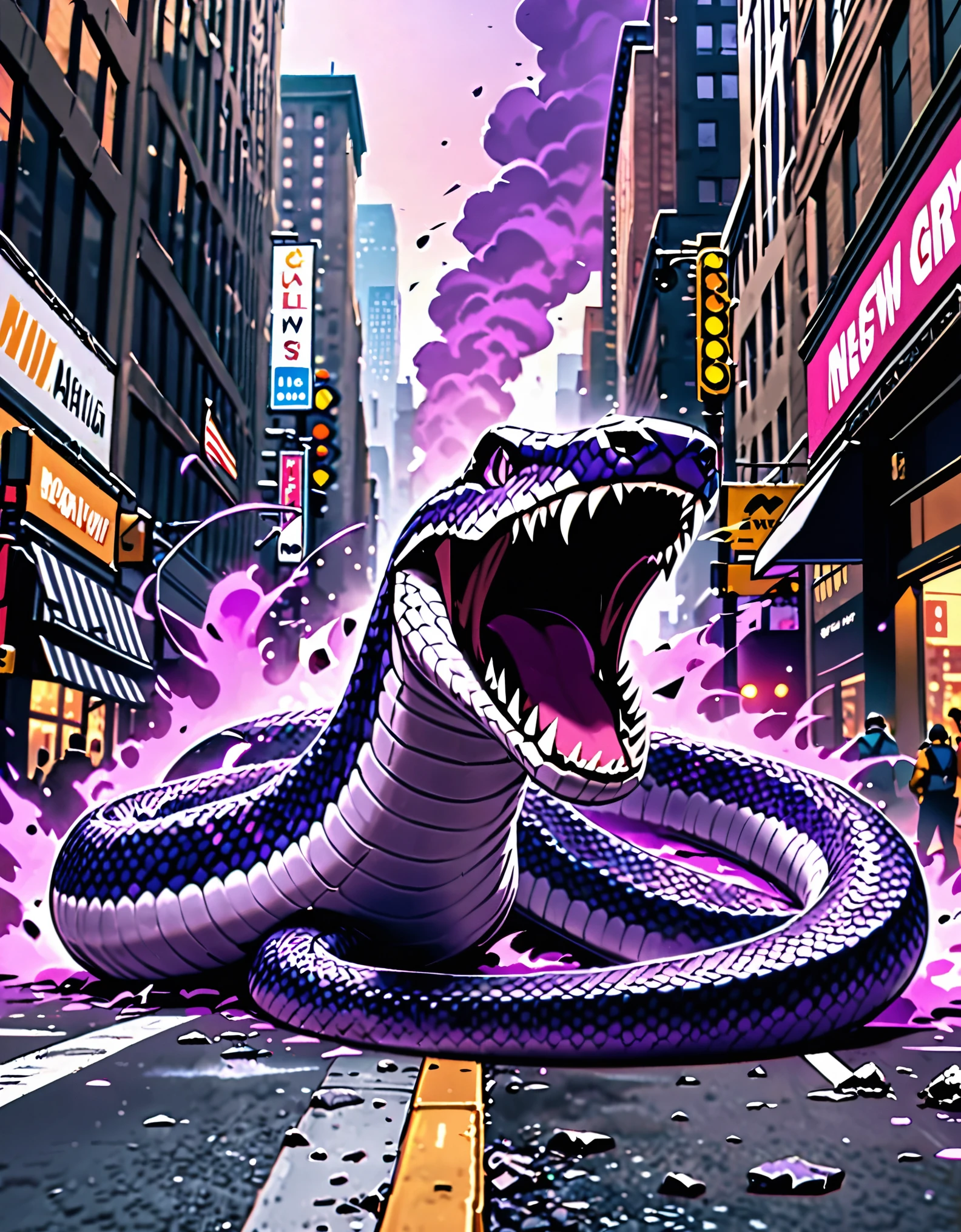 masterpiece, best quality, highres, 1animal, giant purple snake, saw-scaled viper, destruction, new York Street, mouth open, fangs, purple mist.