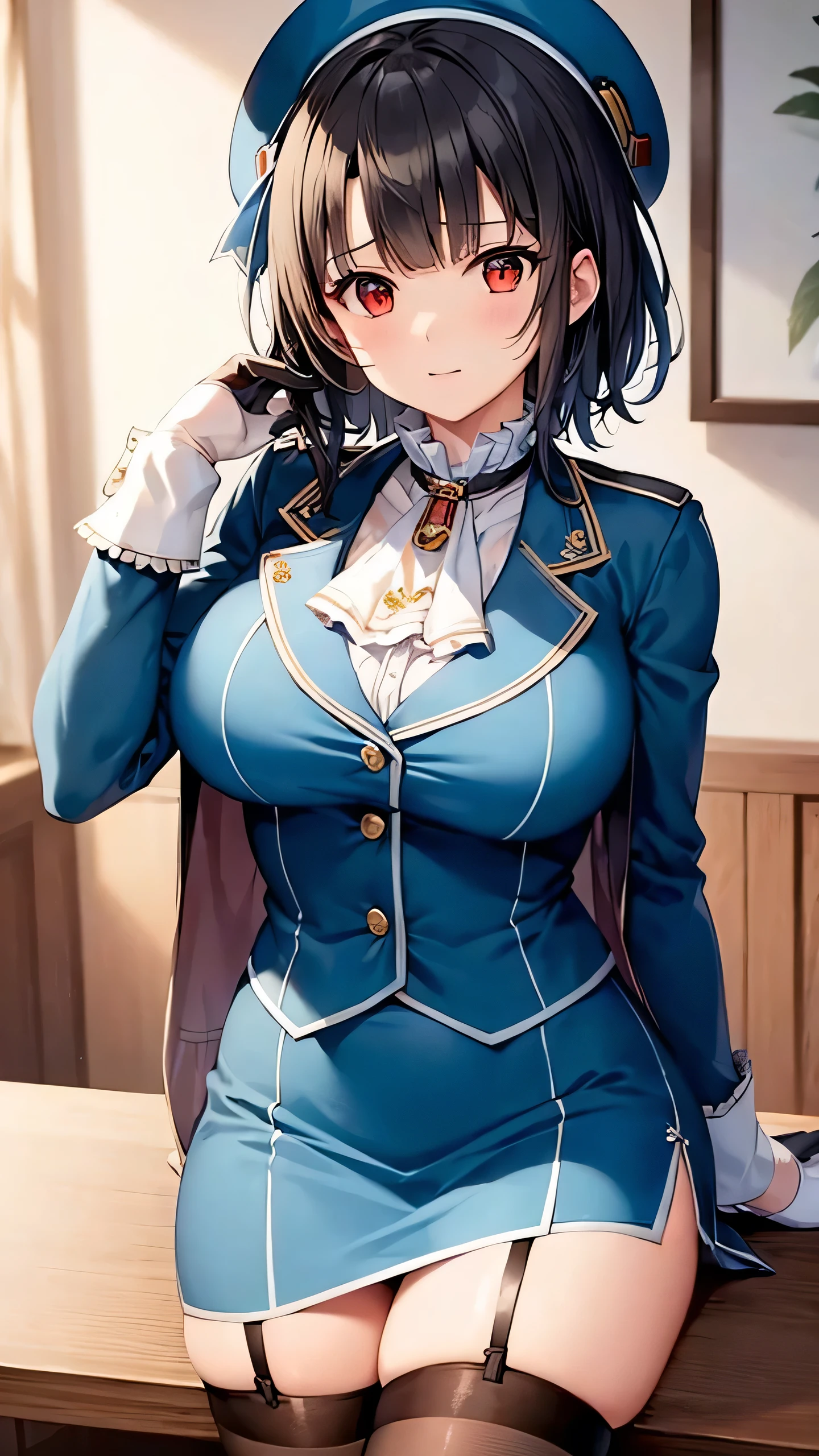 (masterpiece, best quality:1.2),illustration,8k,hd,1girl,solo,upper body,(portrait:1.2),takao \(kancolle\),black hair,red eyes,short hair,large breasts,long sleeves,hat,black gloves,black thighhighs,miniskirt,blue skirt,military uniform,beret,garter straps,blue jacket,blue headwear,pencil skirt, ((panty shoot))