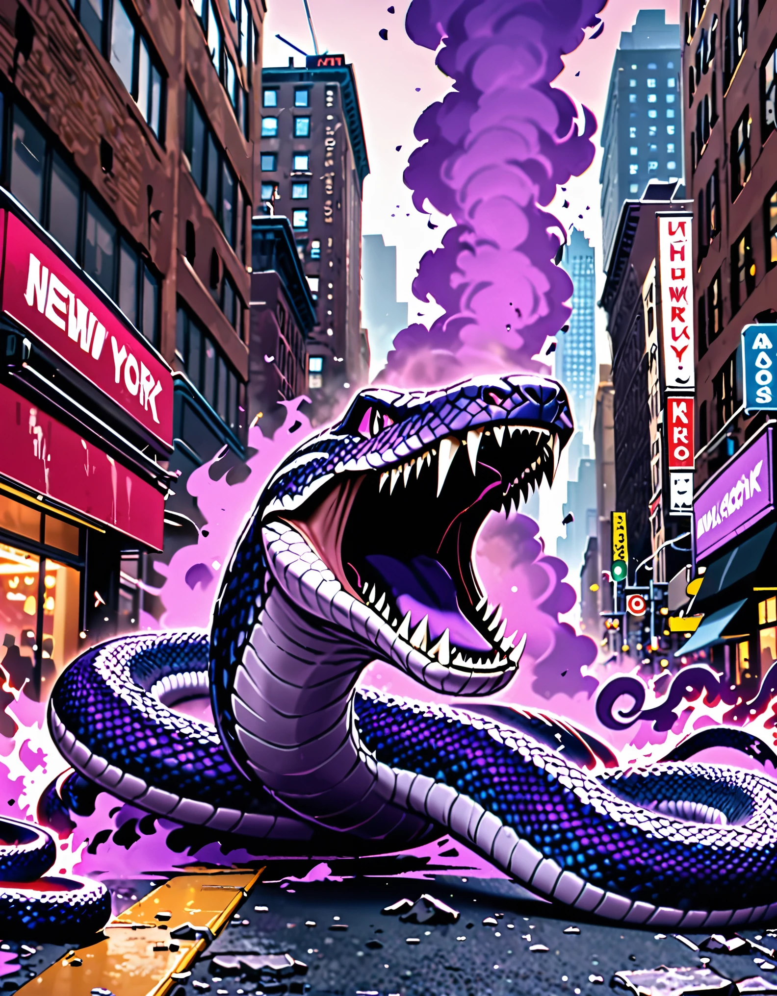 masterpiece, best quality, highres, 1animal, giant purple snake, saw-scaled viper, destruction, new York Street, mouth open, fangs, purple mist.