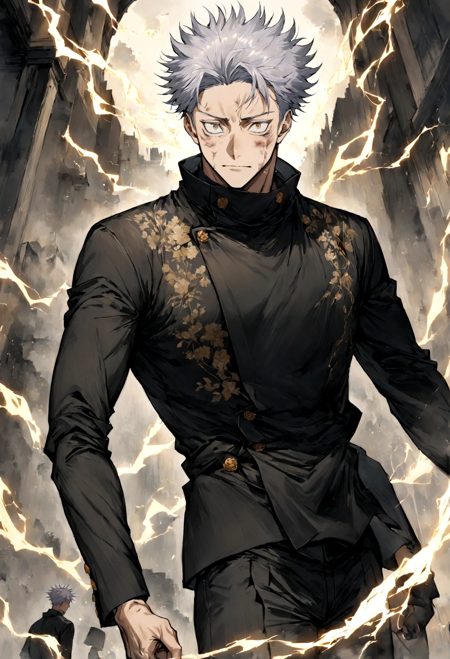 1 boy, Men's Center, Satoru gojou,Jujutsu Kaisen、Injury, electricity,, masterpiece, highest quality, so beautiful,