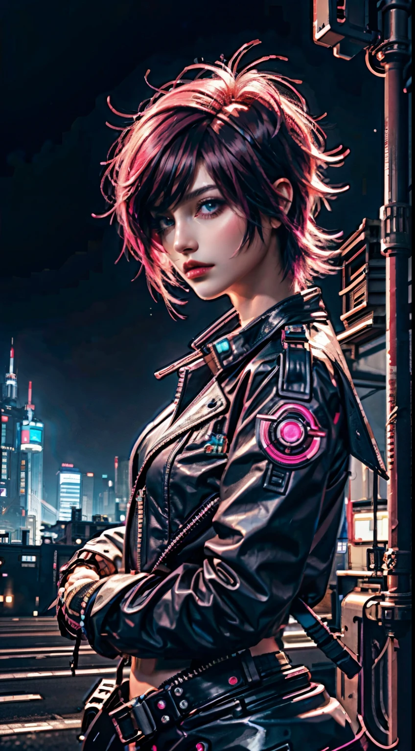 masterpiece,best quality,ultra-detailed,8k,high resolution,cyber punk, Pink neon, One girl, Fairy, Neon hair, Neon eyes, Very short hairstyle, Black leather jacket,sniper rifle, Food Up, secretly, mask,goggles,Developed abdominal muscles