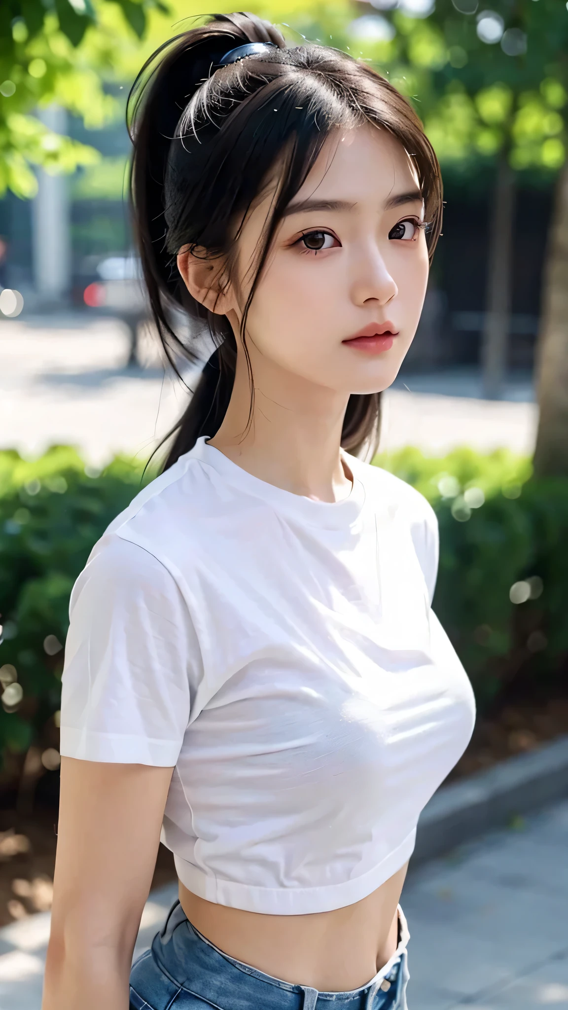 Wearing black underwear、Wear a white T-shirt over it,Black underwear is showing through,Black underwear shows through the T-shirts with wide neck openings,Bra straps are showing,jeans,outdoors,Urban Park,On the lawn,One woman,close up face,fully body photo,masutepiece, The highest image quality, High quality, the background is clear,Beautiful woman, Japanese, Detailed, Detailed eyes, Detailed skin, Beautiful skin, 超hight resolution, (reality: 1.4),Very beautiful woman, Slightly younger face, Beautiful skin, slender, (Ultra photo realsisim), (hight resolution), (8K), (Very detailed) (beautifully detailed eyes), (super detailed), (Detailed face), view the viewer, Fine details, Detailed face, Staring straight ahead, Staring straight ahead, photos realistic, Bright lighting, Professional Lighting, Black hair,poneyTail,a baby face,sixteen years old,Hairstyle: ponytail,Long ponytail hairstyle,slight smile,