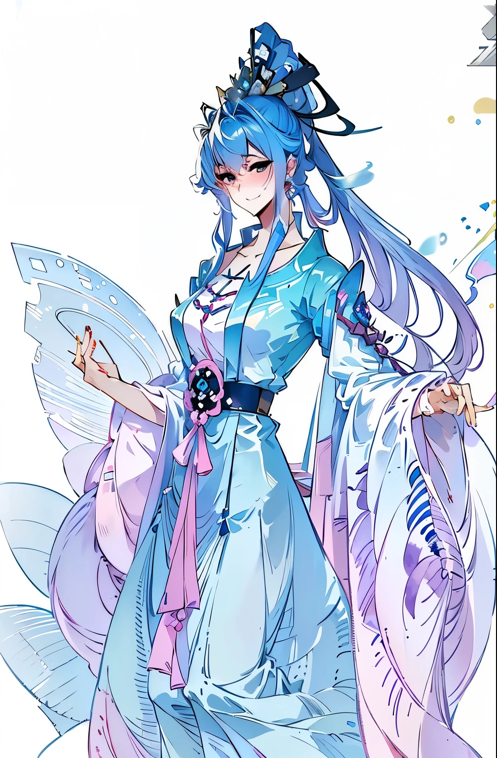 best quality at best, Ultra-high resolution, (((1 girl))),Hourglass figure, Large Breasts, Pink and blue hair, Powder blue highlights,Powder blue hair,light blue hair,Long Pig,Long Pig,Long dispersion,Powder blue eyes,Super thin face, Tattoo,Tattoo,masterpiece, best quality, Smile, Game Fairy, Hanfu, yarn, 飘逸轻yarn, Jewelry, (focus), (((rich and colorful))), Particle Effects , masterpiece, best quality at best, Beautiful painting, meticulous, Very detailed, (masterpiece, best quality at best) CG unified 8K wallpaper,masterpiece,best quality,Extremely detailed), Ultra-high-definition picture quality,Clear face,Nice hands