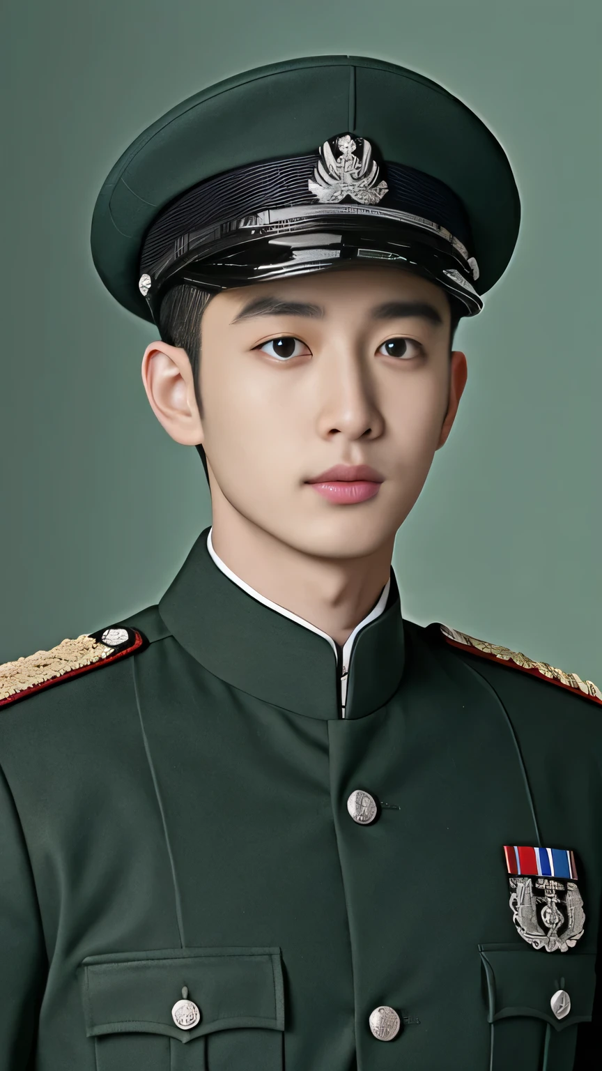 arafed man in a Uniform posing for a picture, wearing Uniform, wearing a Uniform, Uniform, military uniform, in Uniform, uniform, cai xukun, Embroidered uniform guard, Wearing military uniform, yanjun chengt, Wearing full uniform, officer uniform, Unified background, Wearing a general\of，Army green military uniform，Close-up photo，