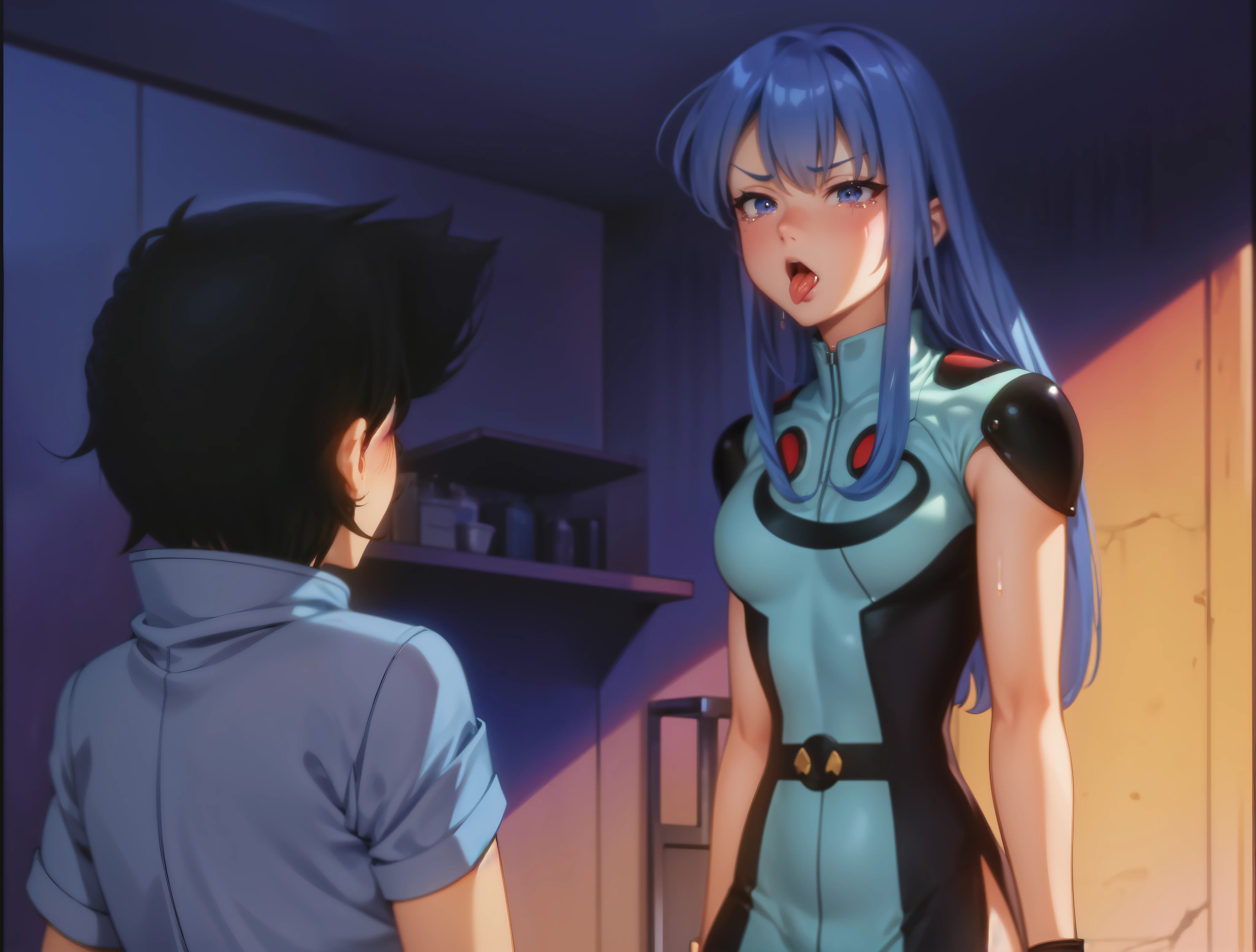 Female Combatant、Blue haired Japanese girl、Close-up of a girl in a blue leotard、Blue glossy leotard、Blue knee-high boots、Yellow Globe、Saiyan Girl, wonderful, Nano Girl, Female body type, Inspired by Hiromu Arakawa, Anime Manga Robot!! Anime Girls, Fubuki, Full Body Suit, by Hiromu Arakawa、wonderful, silk, Beautiful and attractive anime teen, Anime Girls of the future, tears,Drooling,Pee,Sweat,Tongue out,incontinence,Peeing,Mouth open and tongue out,Estrus,Eyes wide open,Estrus,Blushing,Nipples are erect,Face is hot,Lust、Mouth wide open and tongue sticking out、incontinence、Crying face、Drooling、Red lips、Red tongue、Red tongue sticking out