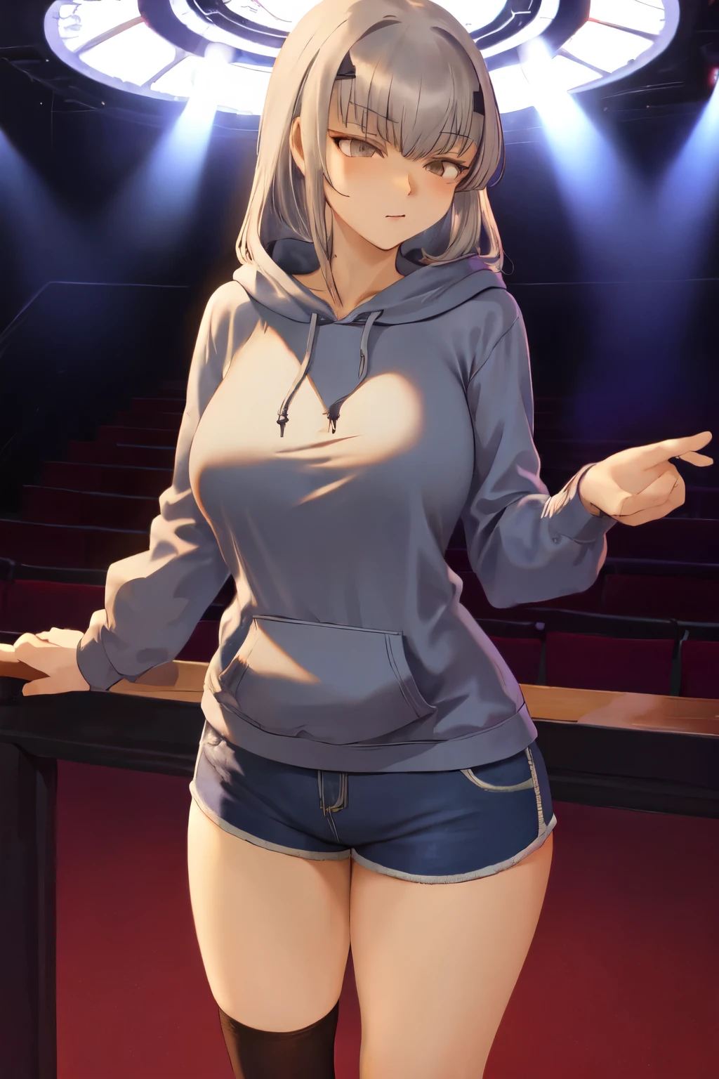 masterpiece, highest quality, 1 person,( Large Breasts,Blue hoodie, Are standing, View Audience,Dolphin Shorts,),Detailed Background、A person who writes in detail、Accurate human body、Knowledgeable person、Five correct answers、Mature Woman,Thighsが太い,cruvy body,Melusine, (Brown eyes:1.5), Long Hair, ((Gray Hair)), Side Lock,Long sleeve、Knee socks、Thighs、白いKnee socks、solo