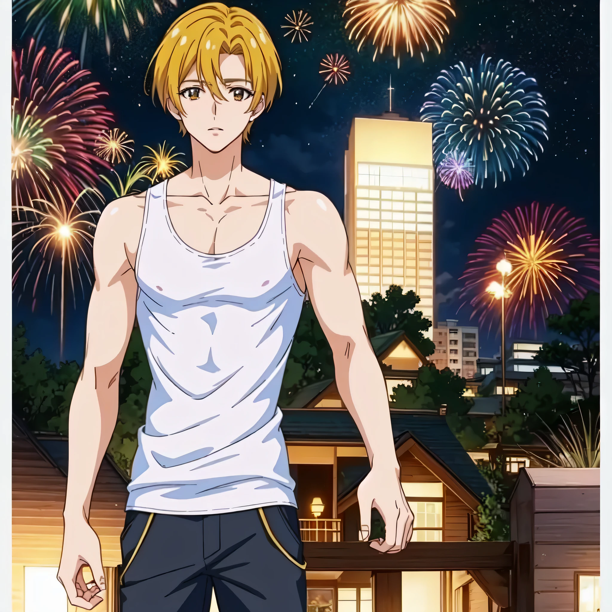 (masterpiece, highest quality, detailed:1.5)、Anime Boys、solo、kagayaki homare as a boy、looking at viewer、Cowboy Shot、Are standing、Black tank top、White Skirt、Skin tight tank top、tank top with an black、skirt with an white、crossdressing、night、Riverbank、firework、(male body:1.4)、