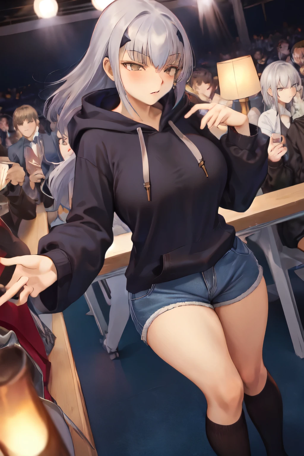 masterpiece, highest quality, 1 person,( Large Breasts,Blue hoodie, Are standing, View Audience,Dolphin Shorts,),Detailed Background、A person who writes in detail、Accurate human body、Knowledgeable person、Five correct answers、Mature Woman,Thighsが太い,cruvy body,Melusine, (Brown eyes:1.5), Long Hair, ((Gray Hair)), Side Lock,Long sleeve、Knee socks、Thighs、白いKnee socks、solo