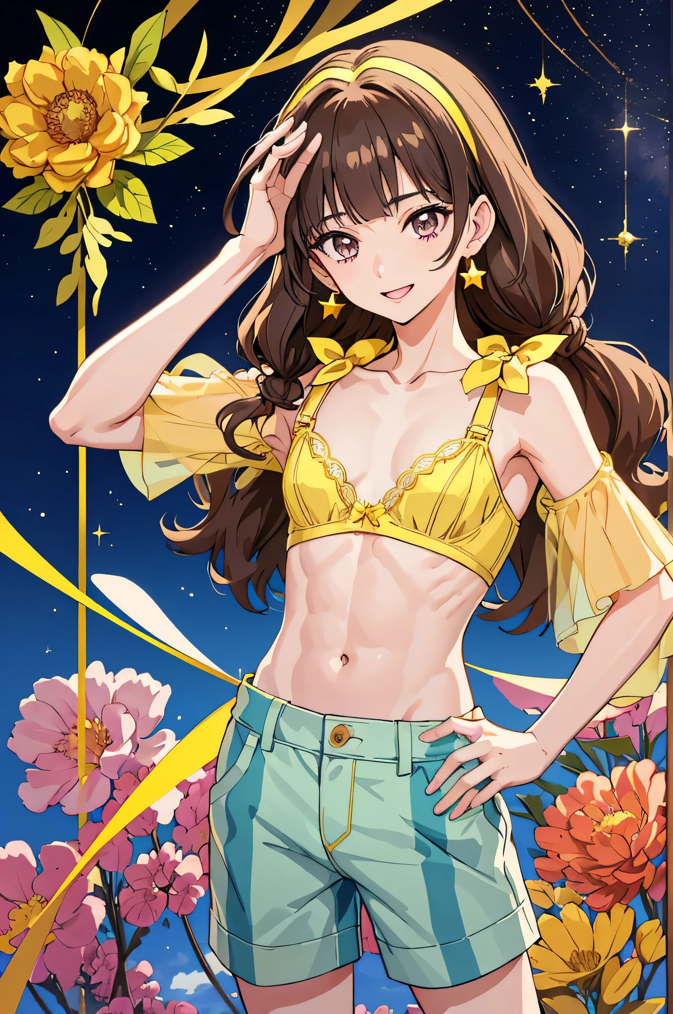 highest quality、masterpiece、High resolution、detailed、Anime Boys、solo、amanogawa kirara as a boy、Yellow hair band、Star earrings、Yellow Bra、bra with an yellow、Exposed shoulders、Exposed arms、Striped shorts、vertical stripes、crossdressing、naval、midriff、smile、looking at viewer、Cowboy Shot、Are standing、Mouth closed、wave hands、Raise your hand、(male body:1.6)、