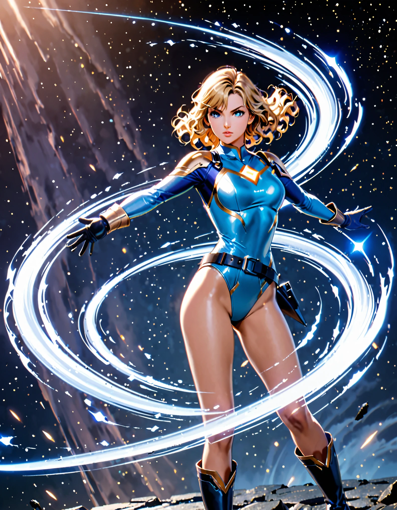 1girl, medium breasts, ((leotard, light blue leotard)), long sleeves, (lighting bolt emblem on chest), (bare legs), (fastened tight belt), boots, matching boots, gloves, space backdrop, solo, single, standing, full body shot, cowboy shot, superhero, beautiful detailed eyes, power, blonde hair, (short hair), wavy hair, mature lady, teacher, (spins fast) in place like a (tornado), wind swirls, rapid gyration, girl tornado (spinning), girl turning to a whirlwind, outstretched arms, perfect body, (perfect hands), (curved sword slash)