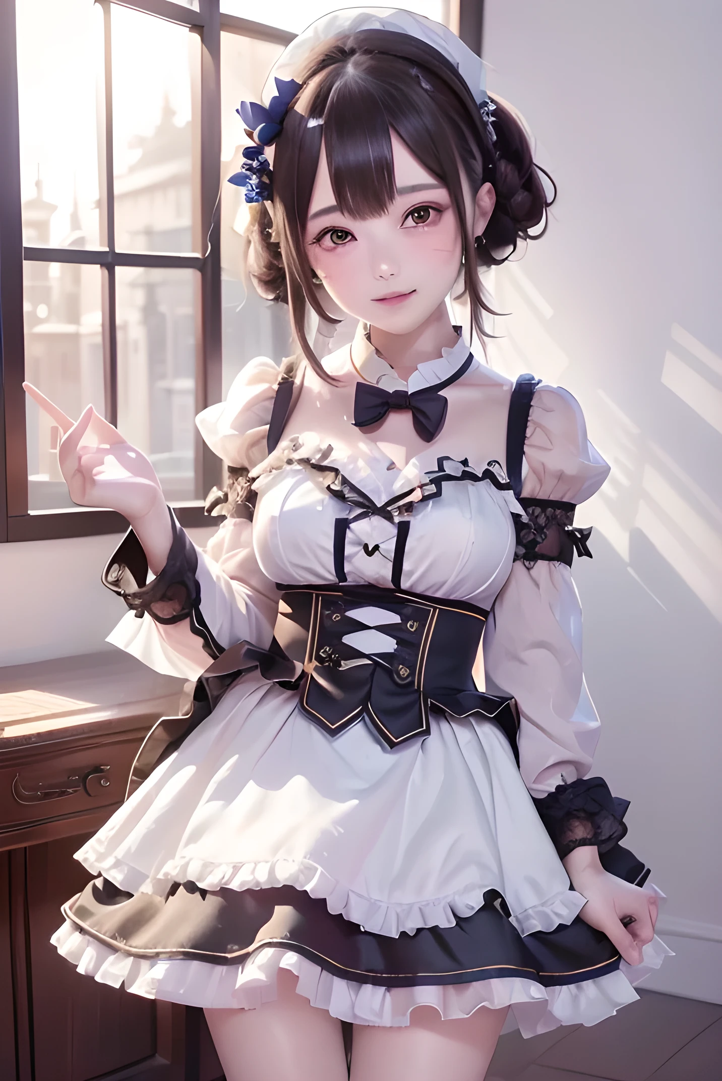 (masterpiece、highest quality、High resolution)、Intricate details、(uniform)、(A cute frilly dress、Idol Costumes、mini skirt),
