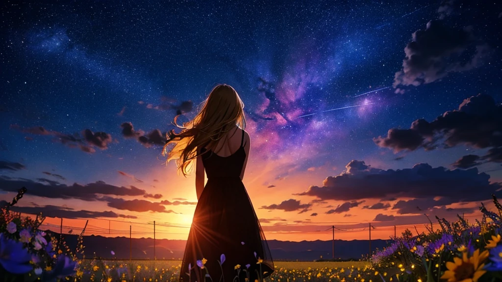 1people々々々々々々々々々々々々々,Blonde long-haired woman, camisole,silhouette, Rear View,Space Sky, Flower Field,Colorful flowers