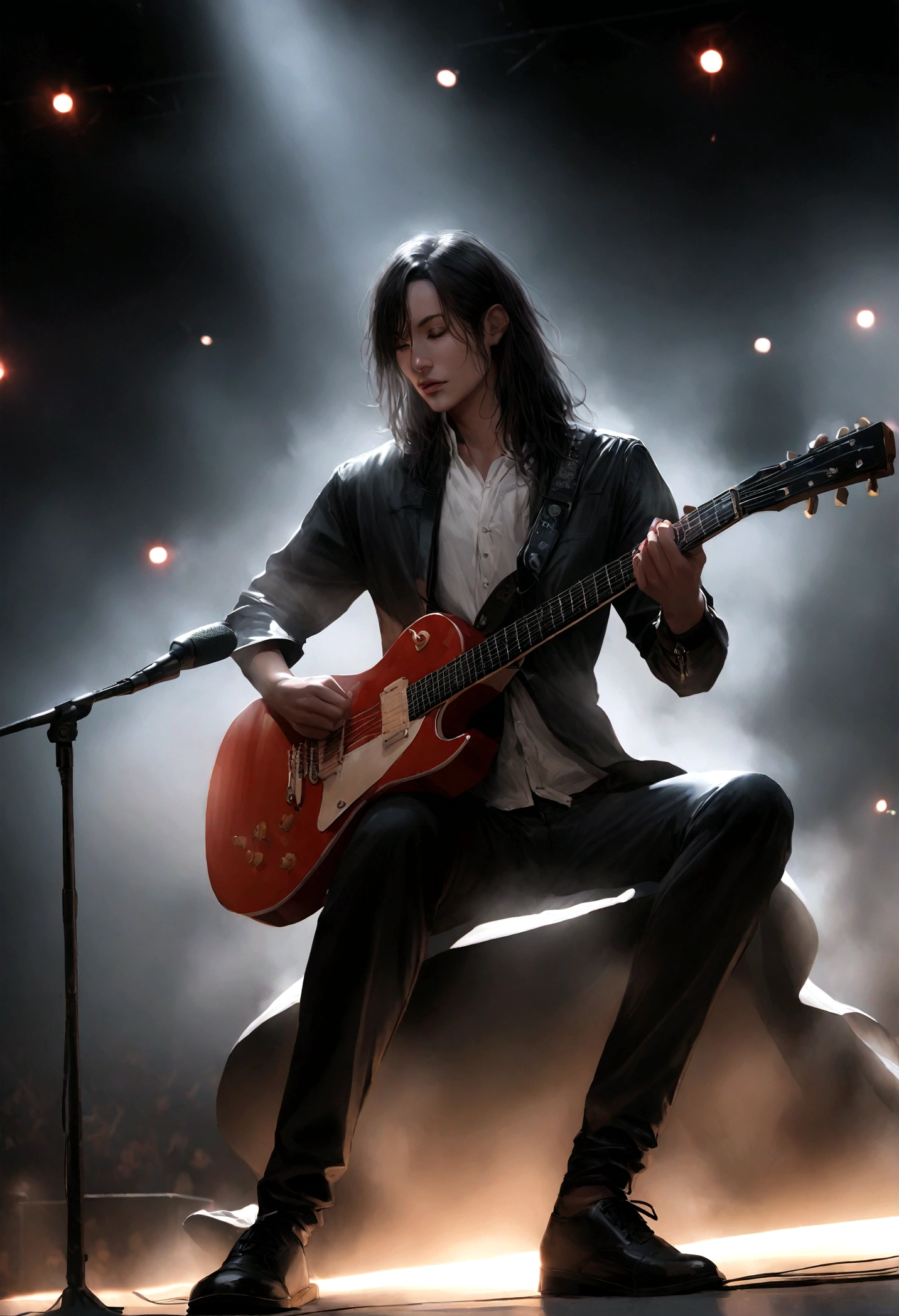 rock band. red guitarist, fins, very long black hair, Love his black and white electric guitar.. Playing on a professional stage with lights, fog, Very realistic , professional lighting,