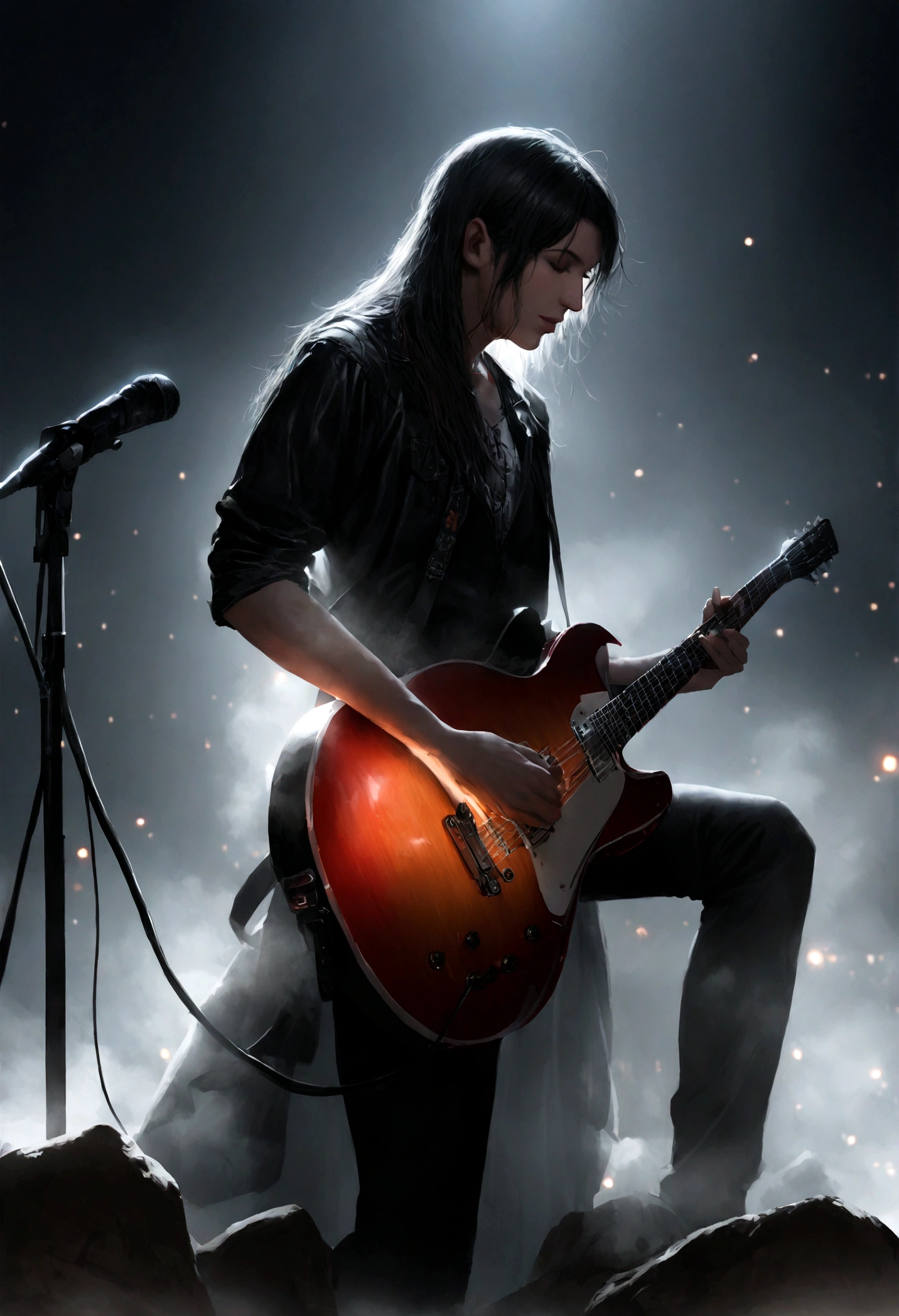 rock band. red guitarist, fins, very long black hair, Love his black and white electric guitar.. Playing on a professional stage with lights, fog, Very realistic , professional lighting,
