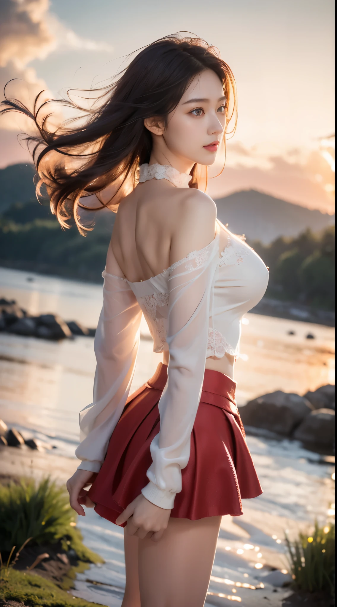 ((masterpiece, 32k,8K,wallpaper, high resolution, Ridiculous resources,RAW photos,)), ((Bare shoulders)), ((The skirt is short)), (realistically:1.5),(Light),(Detailed fingers),(High Detail Skin:1.Red Eyes),1個Giant Breast Girl,Solitary, Winters, Yuki, Lace pantyhose,(Huge grab),twiLight,Colorful Clouds,wind,Flying hair,