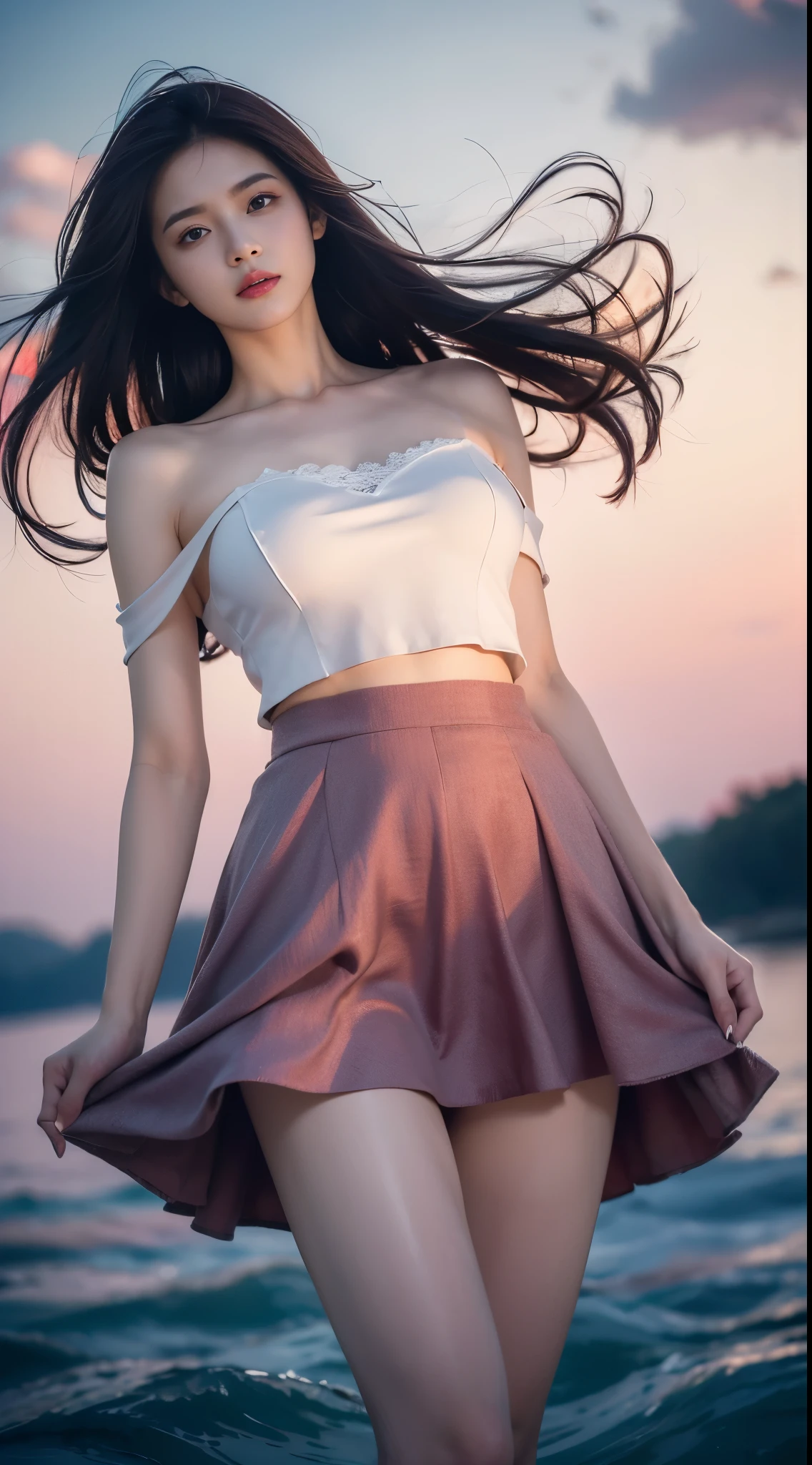 ((masterpiece, 32k,8K,wallpaper, high resolution, Ridiculous resources,RAW photos,)), ((Bare shoulders)), ((The skirt is short)), (realistically:1.5),(Light),(Detailed fingers),(High Detail Skin:1.Red Eyes),1個Giant Breast Girl,Solitary, Winters, Yuki, Lace pantyhose,(Huge grab),twiLight,Colorful Clouds,wind,Flying hair,