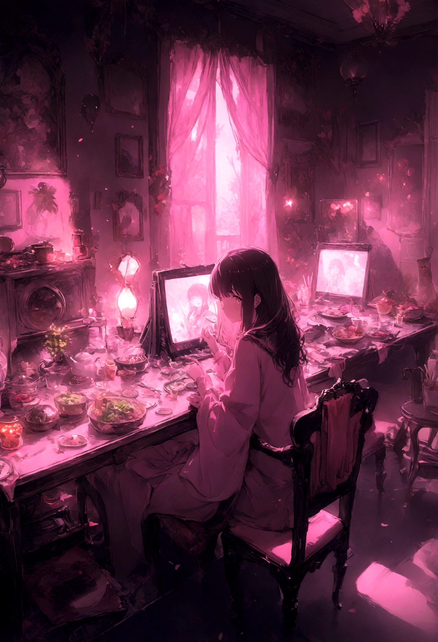 Girl is a trader、Pink Theme、Anime in style、computer、living room、computer画面にはチャートストックナイトライト、(Very detailed:1.2)、(Warm Light:1.2)、Tabletop、Surreal、32k、Very detailedなCGユニティ8K壁紙、highest quality(Tabletop、highest quality:1.5)