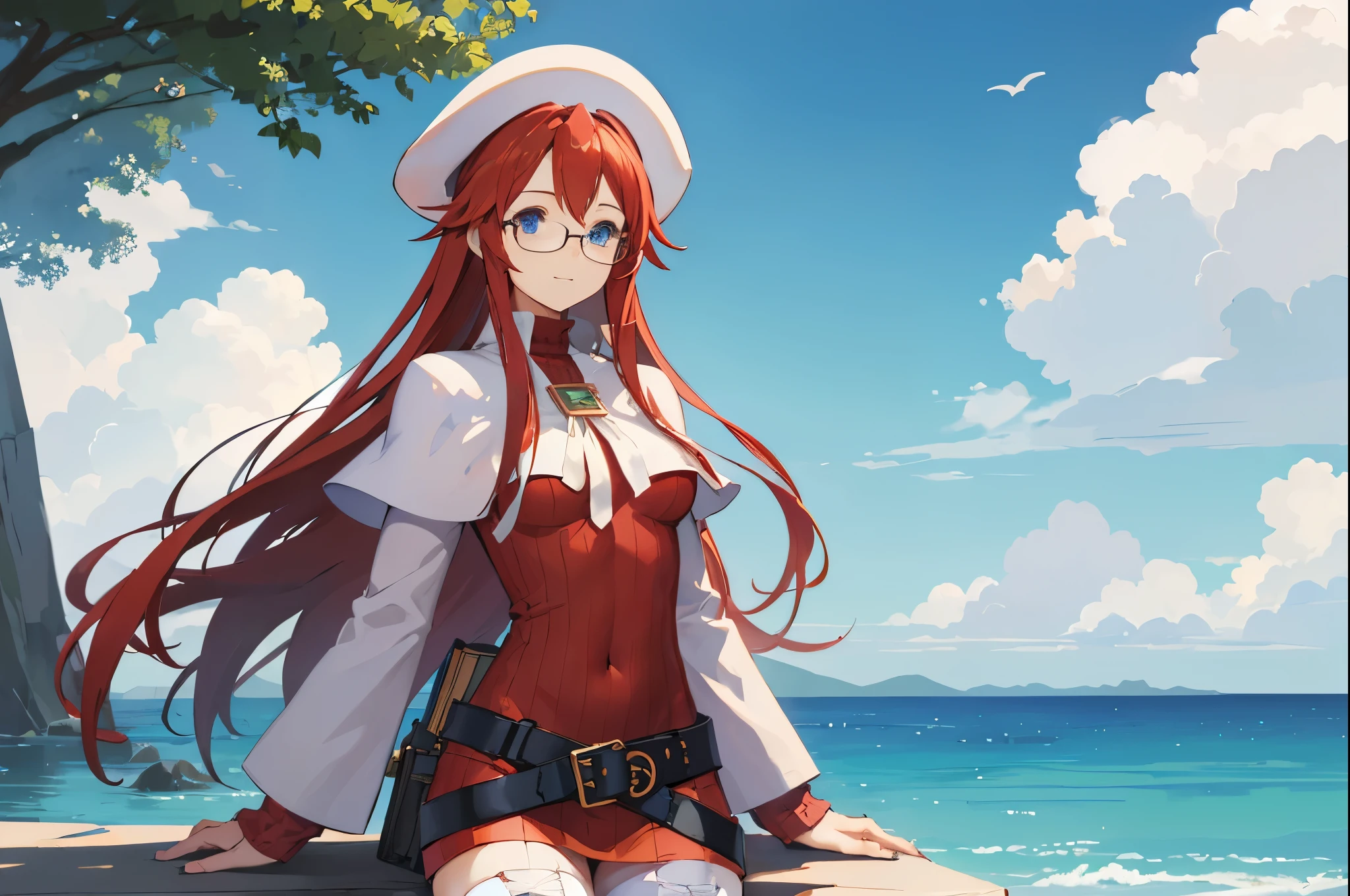 summonnightaty, aty, (young:1.3),long hair, blue eyes, red hair, big_berets, hat, glasses,
BREAK long hair, thighhighs, hat, dress, naked_legs, glasses, belt, cape, sweater, zettai ryouiki, beret, thigh boots, white footwear, ribbed sweater, loose belt,solo,
BREAK outdoors, fantasy,on_beach,
,Highquality_hads,perfect_fingers,
BREAK (masterpiece:1.2), best quality, high resolution, unity 8k wallpaper, (illustration:0.8), (beautiful detailed eyes:1.6), extremely detailed face, perfect lighting, extremely detailed CG, (perfect hands, perfect anatomy),covered_nipples,covered_navel ,half_eyes,long_sword,sleepy,standing,red_sweater,apart_knees,magical_effect,spread_legs, have_a_book,teacher,rise_knee,Smile,rise_hand,look_down_viewer,spread_arms,sea_waves,looking_into,blue_sky,sitting