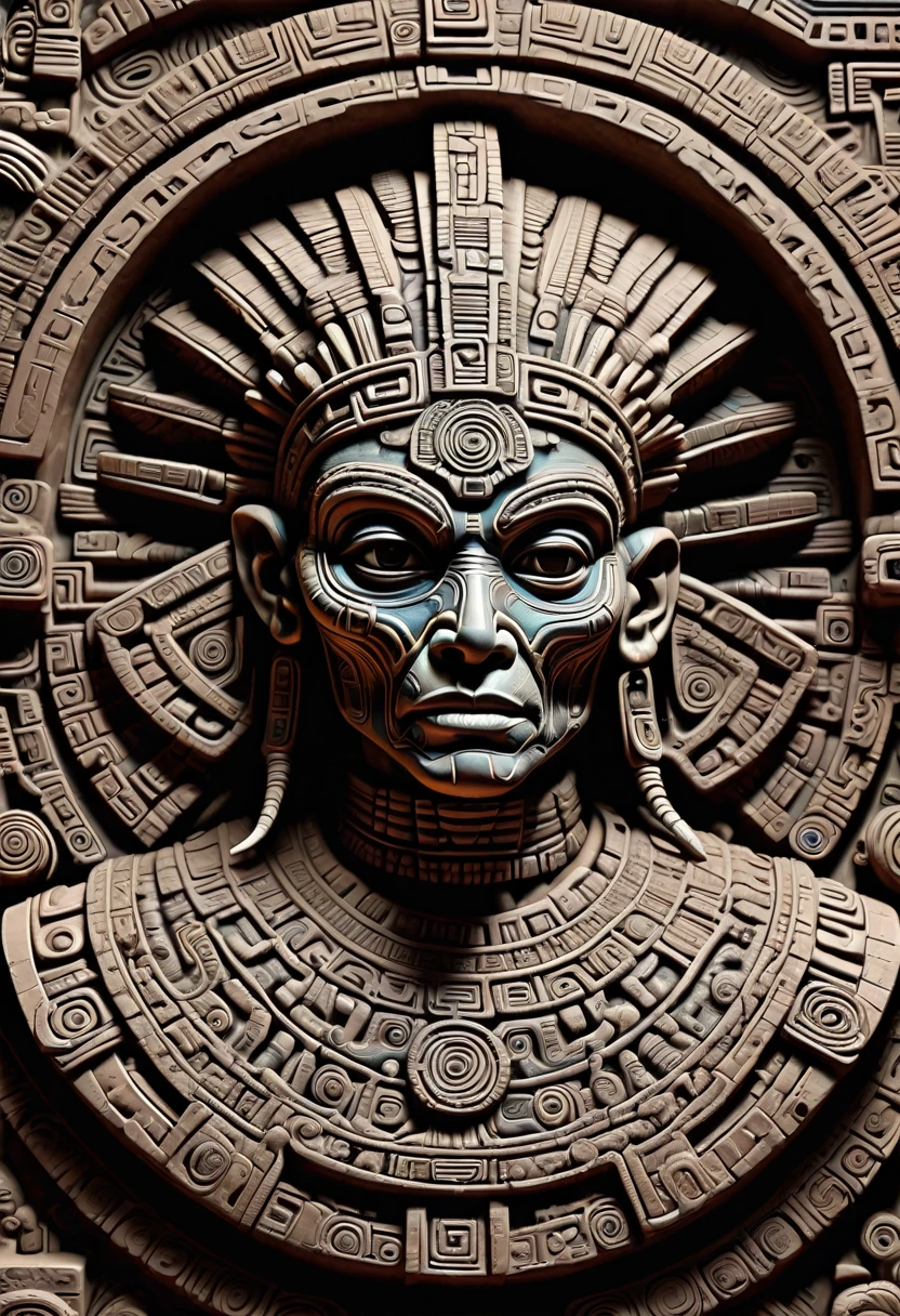 Aztec style, alien in bas-relief, hyperdetalization, post-processing, painting, high contrast, face detailing