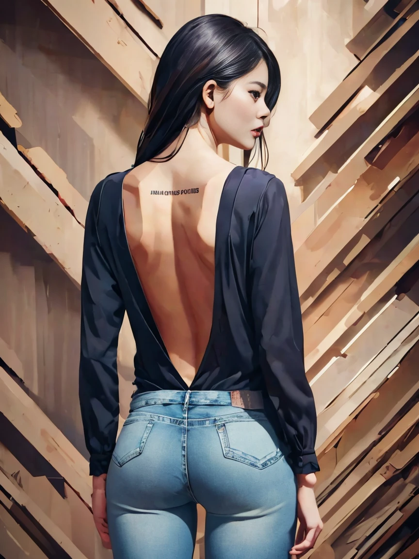 A beautiful young woman from behind showing her beautiful black intricate tattoo intricate tattoo design, only her back is visible, detailed background, grabbing colorful hanging fabrics, HD, 8K, jeans pants, very detailed and sharp, photorealistic, skin delicate, perfect lighting, dramatic composition, elegant pose, stunning background, cinematic atmosphere