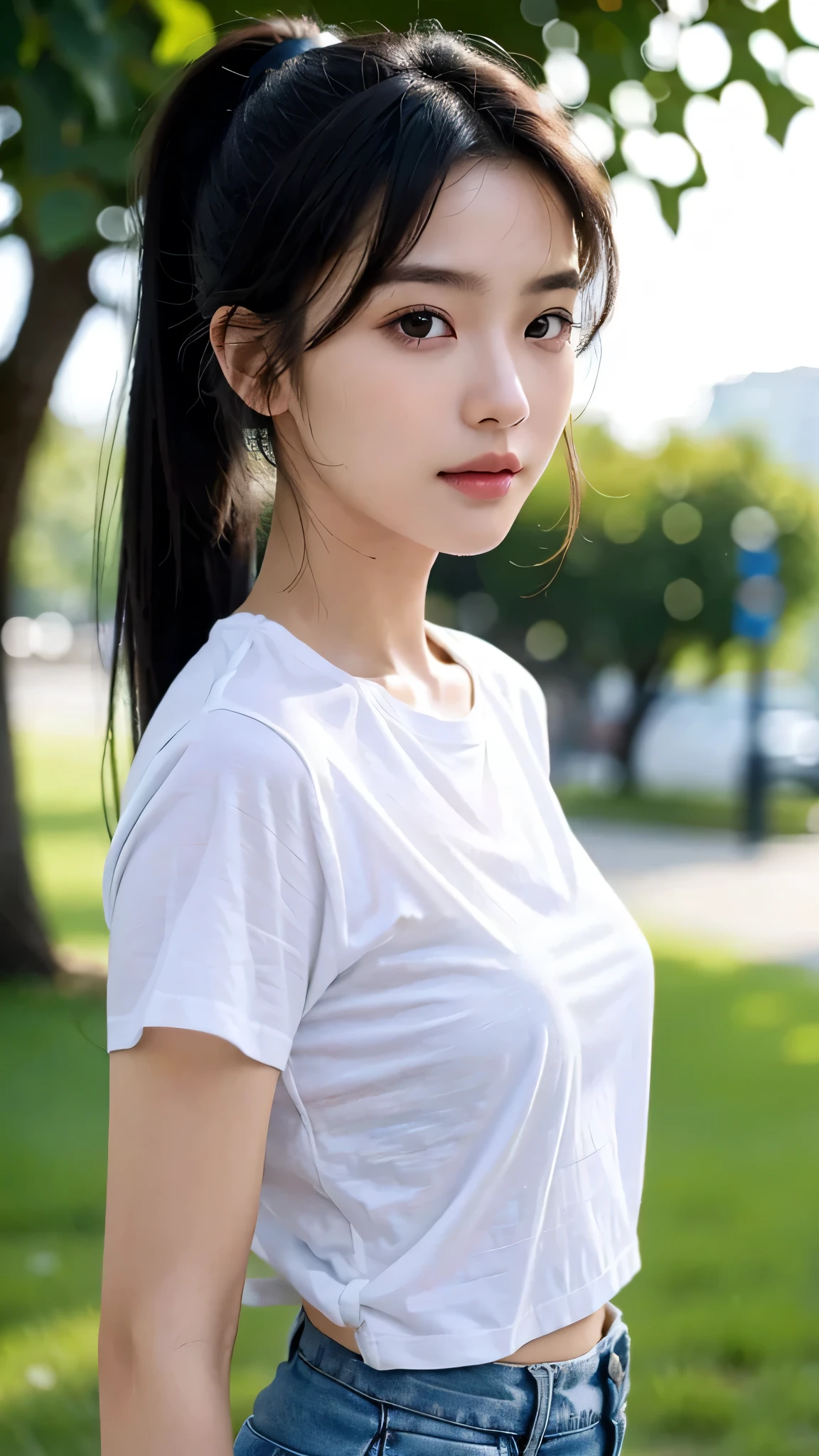 Wearing black underwear、Wear a white T-shirt over it,Black underwear is showing through,Black underwear shows through the T-shirts with wide neck openings,Bra straps are showing,jeans,outdoors,Urban Park,On the lawn,One woman,close up face,fully body photo,masutepiece, The highest image quality, High quality, the background is clear,Beautiful woman, Japanese, Detailed, Detailed eyes, Detailed skin, Beautiful skin, 超hight resolution, (reality: 1.4),Very beautiful woman, Slightly younger face, Beautiful skin, slender, (Ultra photo realsisim), (hight resolution), (8K), (Very detailed) (beautifully detailed eyes), (super detailed), (Detailed face), view the viewer, Fine details, Detailed face, Staring straight ahead, Staring straight ahead, photos realistic, Bright lighting, Professional Lighting, Black hair,poneyTail,a baby face,sixteen years old,Hairstyle: ponytail,Long ponytail hairstyle,slight smile,