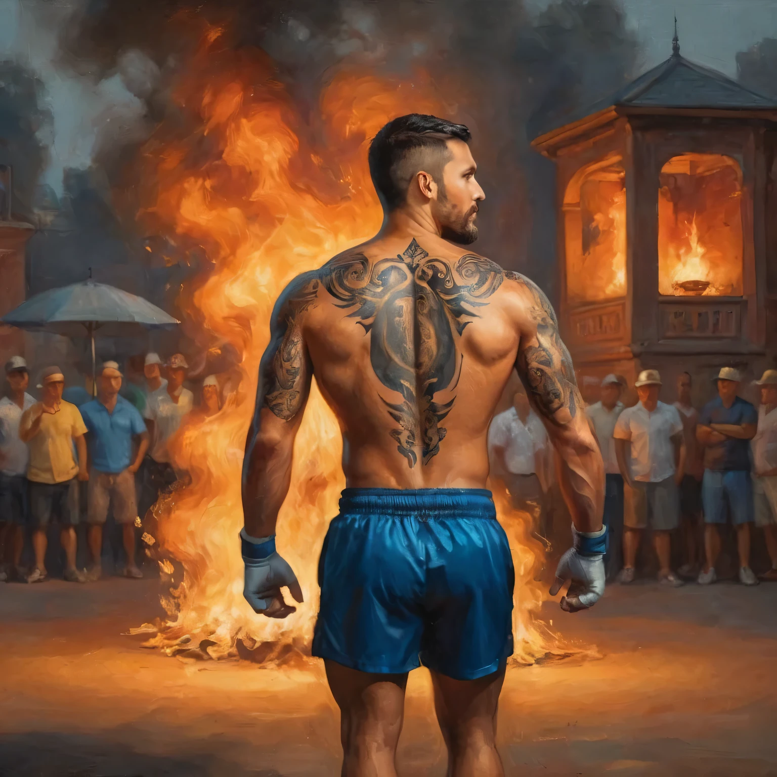Back Tattoo, Professional photography for an elite magazine, an athletic man with a bare torso m with a complex and detailed tattoo on his back, Back Tattoo, the tattoo depicts boxers in the ring on fire, Canon EOS R5 camera with a Canon RF lens 100-500 mm F4.5-7.1L IS USM, 500 mm, 1/500 sec., f/7.1 and ISO 1000.