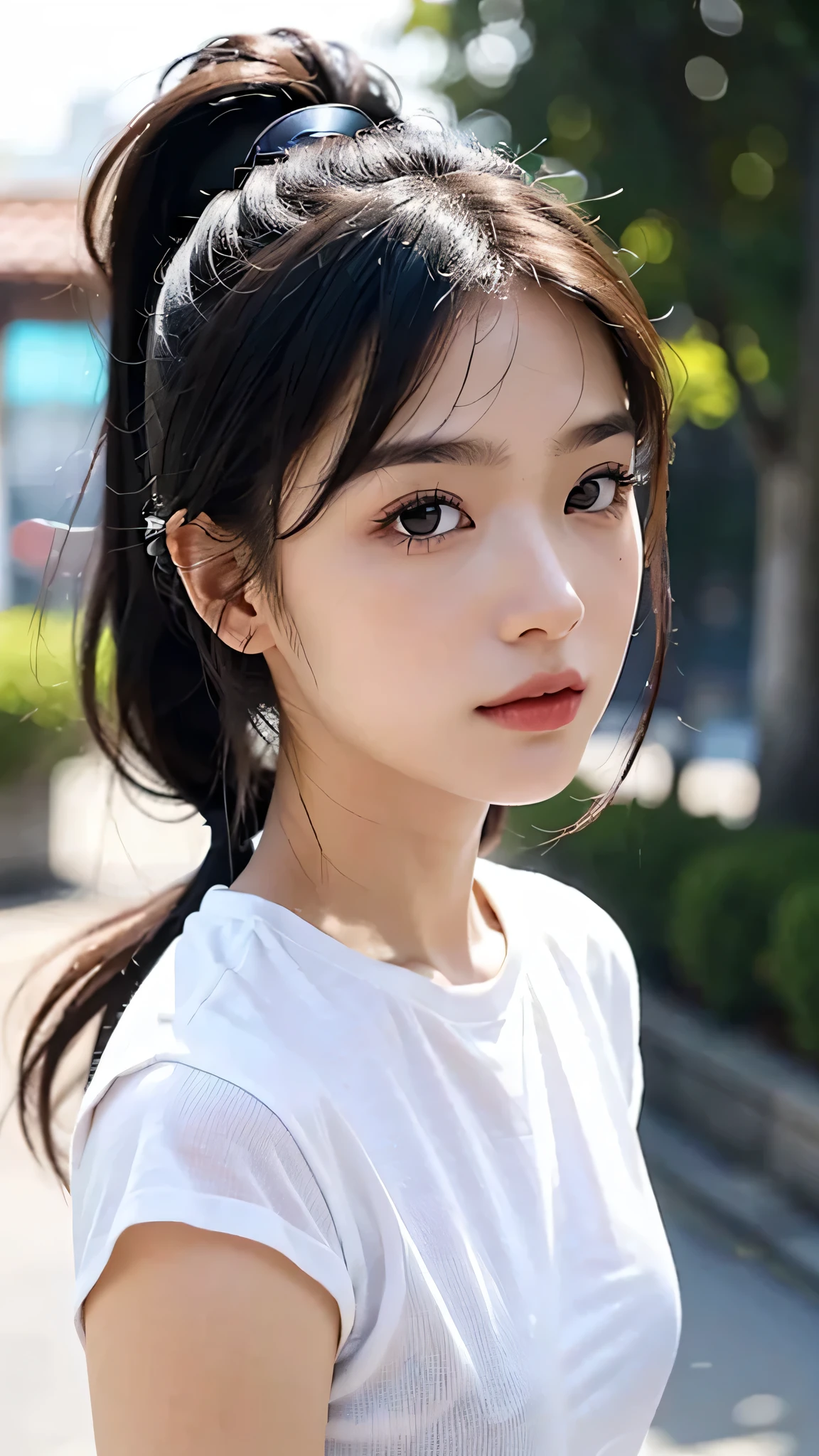 Wearing black underwear、Wear a white T-shirt over it,Black underwear is showing through,Black underwear shows through the T-shirts with wide neck openings,Bra straps are showing,jeans,outdoors,Urban Park,On the lawn,One woman,close up face,fully body photo,masutepiece, The highest image quality, High quality, the background is clear,Beautiful woman, Japanese, Detailed, Detailed eyes, Detailed skin, Beautiful skin, 超hight resolution, (reality: 1.4),Very beautiful woman, Slightly younger face, Beautiful skin, slender, (Ultra photo realsisim), (hight resolution), (8K), (Very detailed) (beautifully detailed eyes), (super detailed), (Detailed face), view the viewer, Fine details, Detailed face, Staring straight ahead, Staring straight ahead, photos realistic, Bright lighting, Professional Lighting, Black hair,poneyTail,a baby face,sixteen years old,Hairstyle: ponytail,Long ponytail hairstyle,slight smile,
