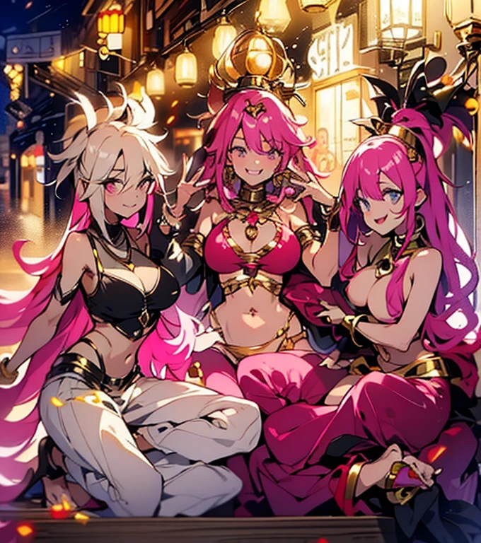 A smug narcissistic pink haired genie woman wearing a golden bra and pink puffy harem pants and lots of jewelry flaunting herself being pleasured by her harem of women who wear the same clothes as she does