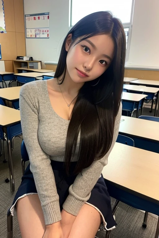 there is a woman sitting on a chair in a classroom, In the classroom, sitting in the classroom, japanese , Japanese high school, of posing, cute high school girl, full subject in shot, 19 years old japanese girl, realistic , In the classroom