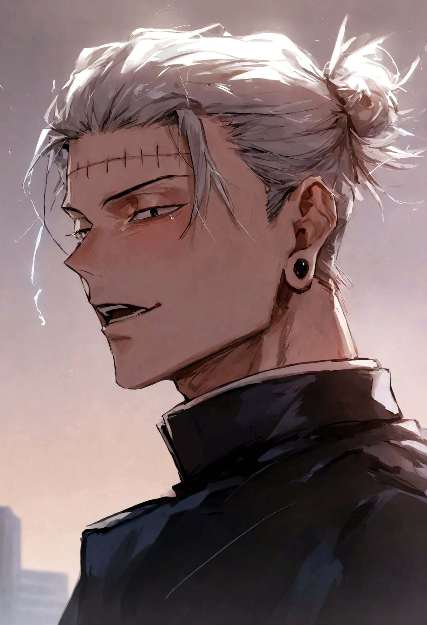 1 boy, Men's Center, Satoru gojou,Jujutsu Kaisen、Injury, electricity,, masterpiece, highest quality, so beautiful,stitch on forehead
