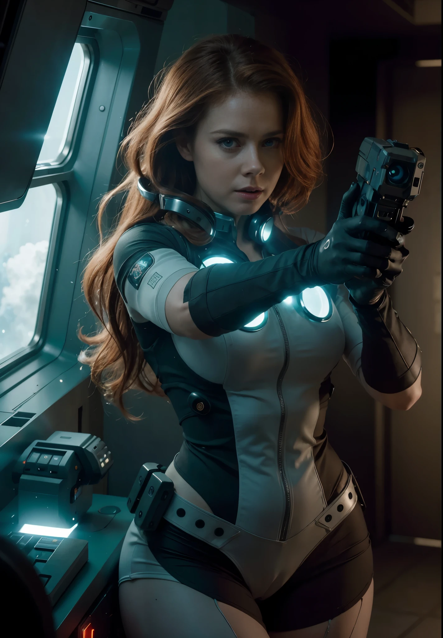 Hot terrified Sci fi Amy Adams with hair slick back ponytail holding a sci fi pistol on Ishimura Horror Space Ship photography, natural light, photorealism, cinematic rendering, ray tracing, the highest quality, the highest detail, Cinematic, Third-Person View, Blur Effect, Long Exposure, 8K, Ultra-HD, Natural Lighting, Moody Lighting, Cinematic Lighting