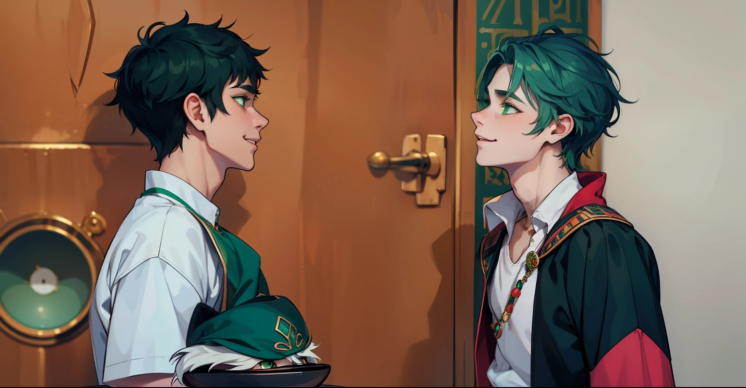 cute 18 year old boy green eyes white hair clothes from ancient egypt golden jewelry mischievous smile pocardia speaks with mockery irony green eyes so