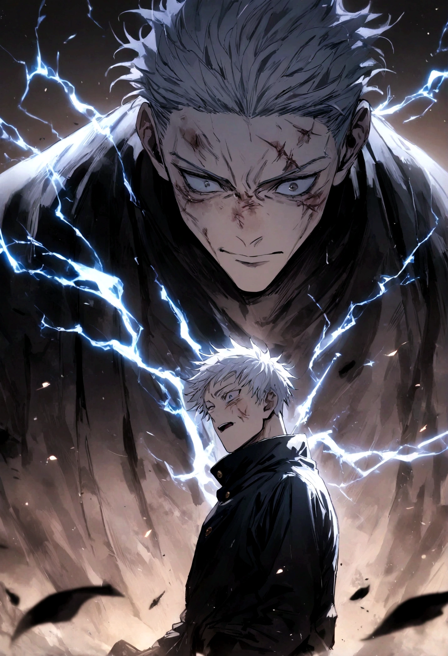 1 boy, Men's Center, Satoru gojou,Jujutsu Kaisen、Injury, electricity,, masterpiece, highest quality, so beautiful,stitch on forehead