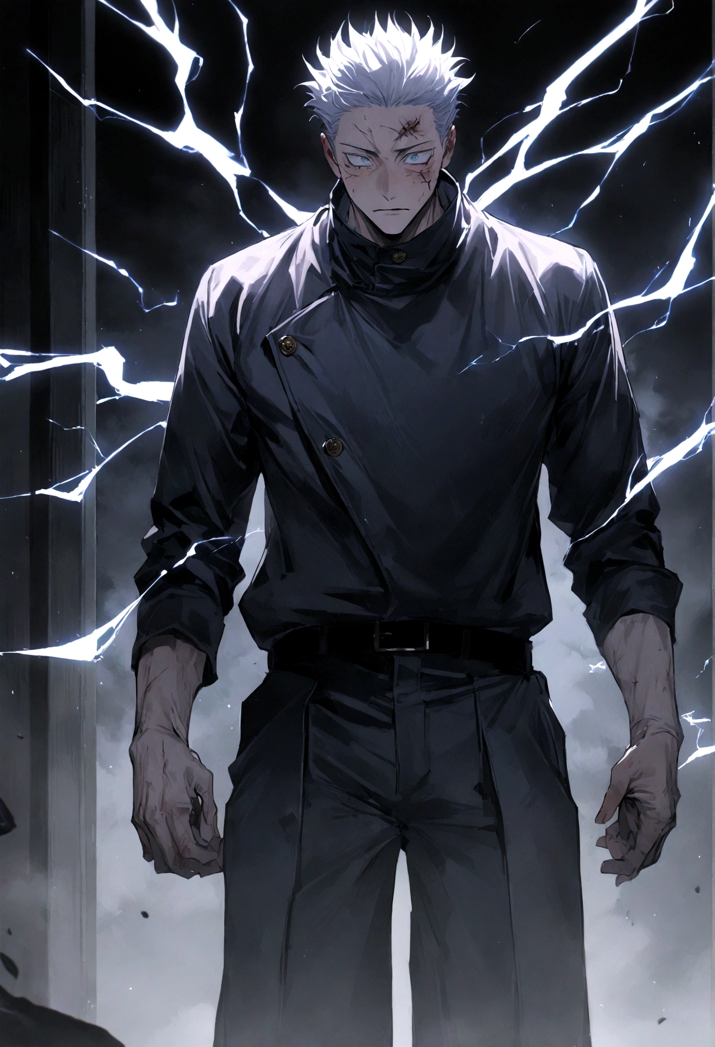 1 boy, Men's Center, Satoru gojou,Jujutsu Kaisen、Injury, electricity,, masterpiece, highest quality, so beautiful,stitch on forehead