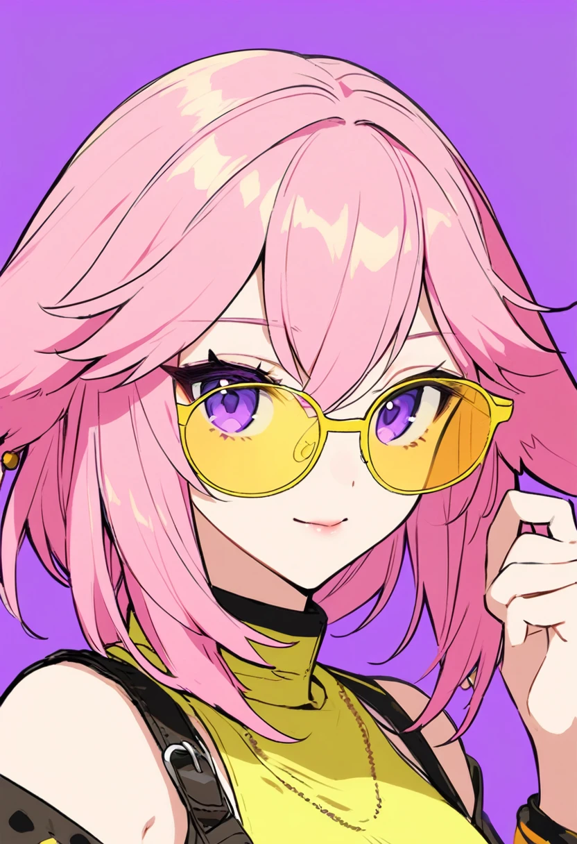 yae miko wearing stylish yellow sunglasses, background, Pink Hair, Purple Eyes